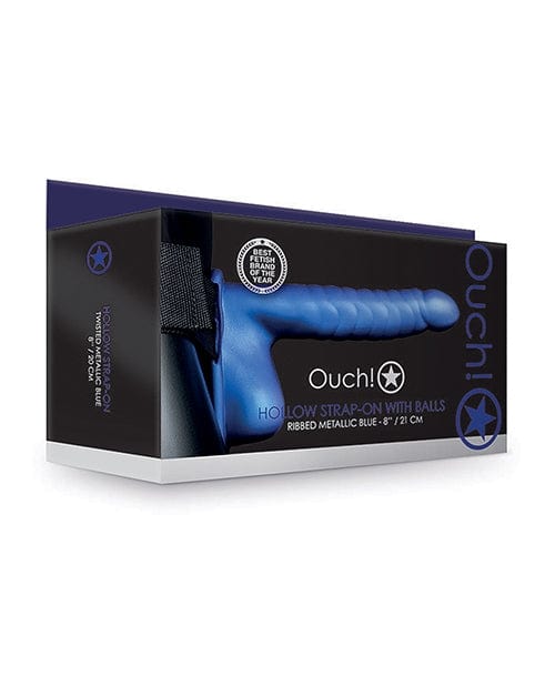 8 Ribbed Hollow Strap-On with Balls in Metallic Blue - Premium Adult Toy for Couples & Solo Play - Perfect for Roleplay & Enhanced Pleasure