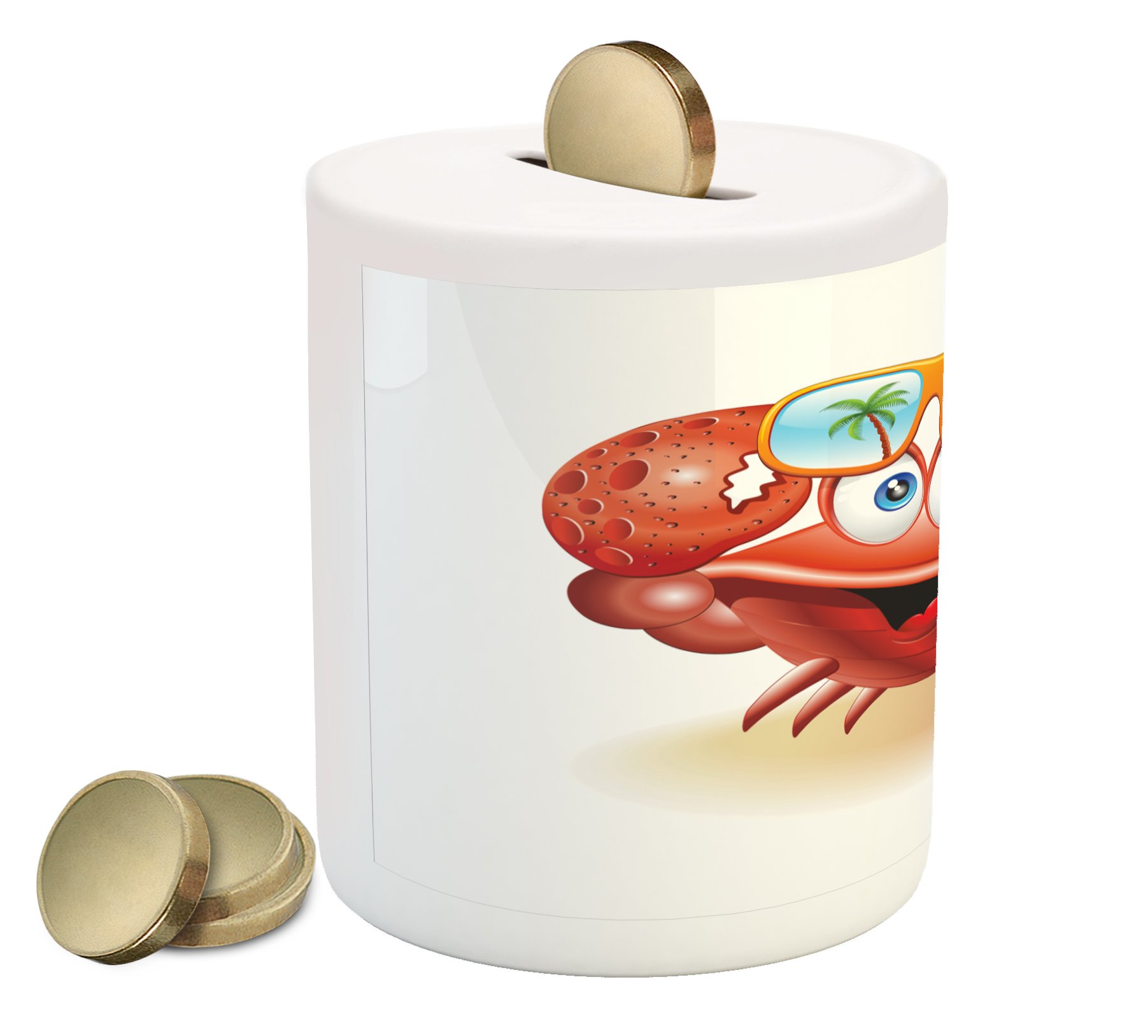 Ambesonne Crabs Ceramic Piggy Bank - Funny Ocean Character with Sunglasses & Palm Trees Design, Money Saving Coin Bank for Cash & Coins (Vermilion Orange Blue) - Perfect Gift for Kids, Beach Lovers & Home Decor