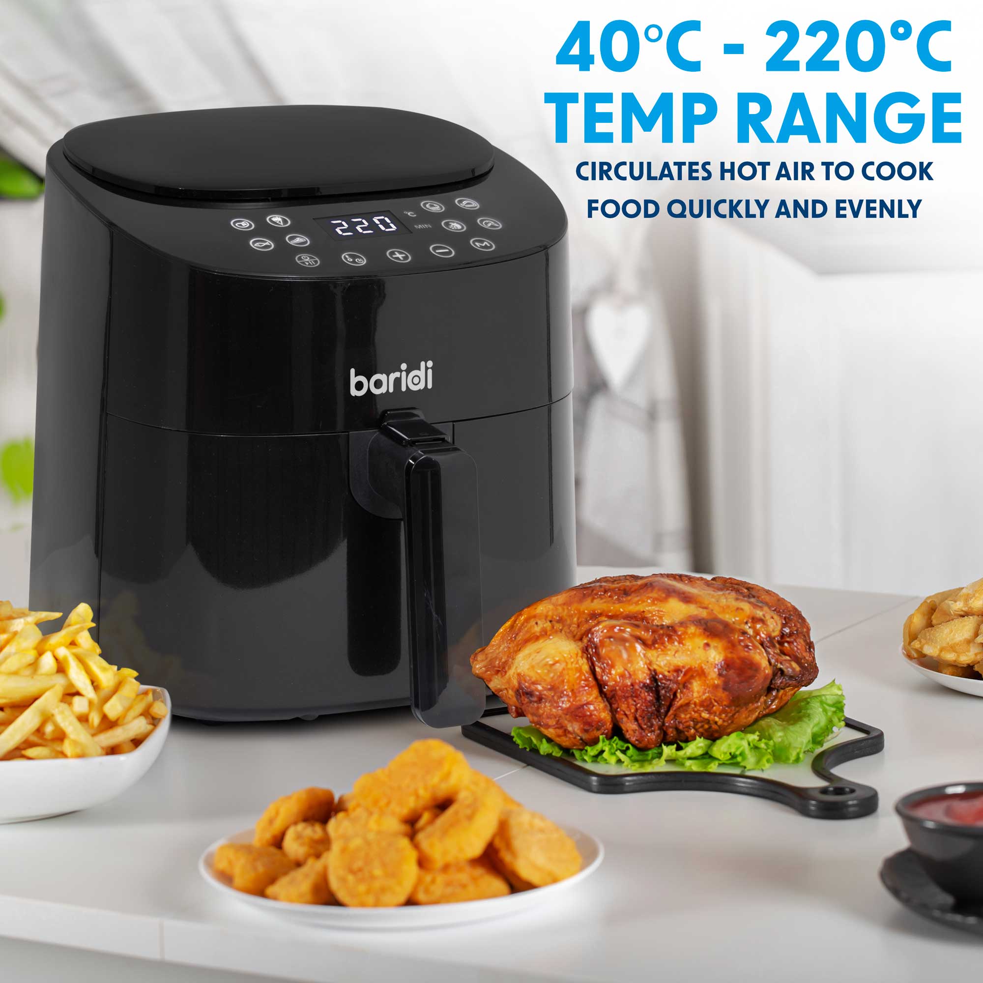 Baridi 3.5L Low Fat Air Fryer with Digital Rapid Air Oil-Free Circulation, 1300W, 8 Presets - Healthy Cooking for Family Meals, Snacks & Quick Dinners (Model DH60)