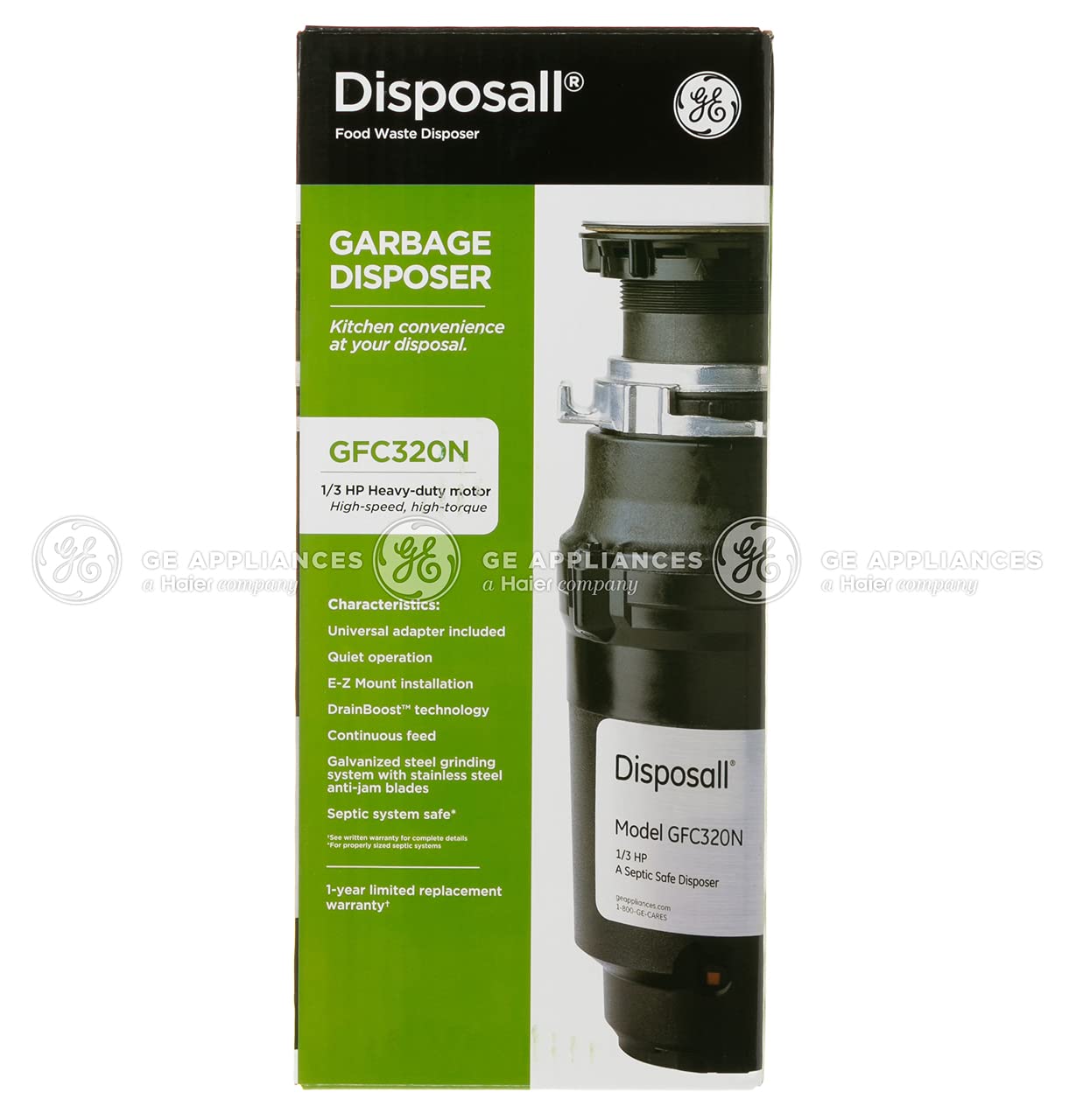 GE Continuous Feed Garbage Disposal 1/3 HP - Quiet & Powerful Food Waste Disposer for Fruit Peels, Pasta & Cereal - Easy Installation Kit Included - Ideal for 1-2 Person Homes - Perfect for Small Kitchens & Apartments