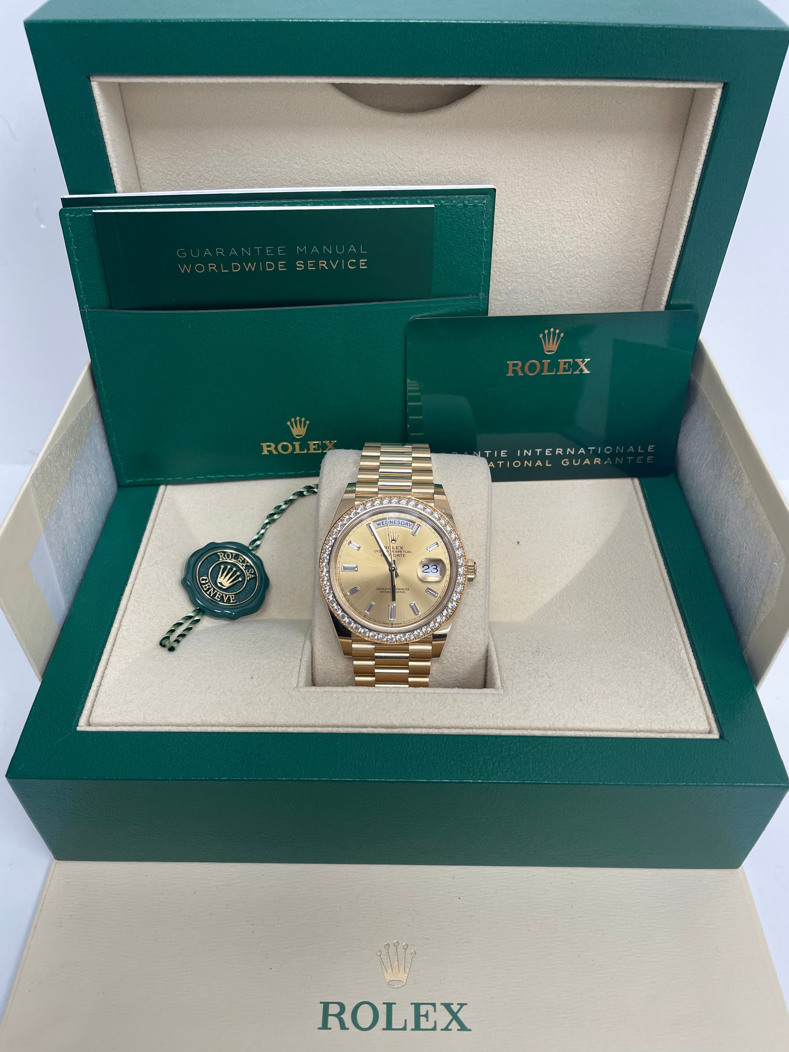 Luxury Rolex Day Date 40 Watch - 18K Yellow Gold, Champagne Baguette Diamond Dial, President Bracelet (Ref# 228348RBR) | Perfect for Formal Events, Business Meetings & Luxury Gift Giving