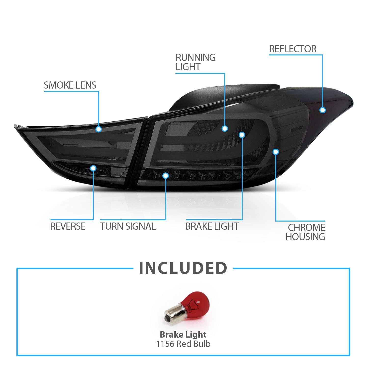 AmeriLite LED Smoke Brake Tail Lights Replacement Set for Hyundai Elantra (4-Piece) - Left & Right Side - Durable, Waterproof, Easy Installation - Perfect for Night Driving & Car Customization