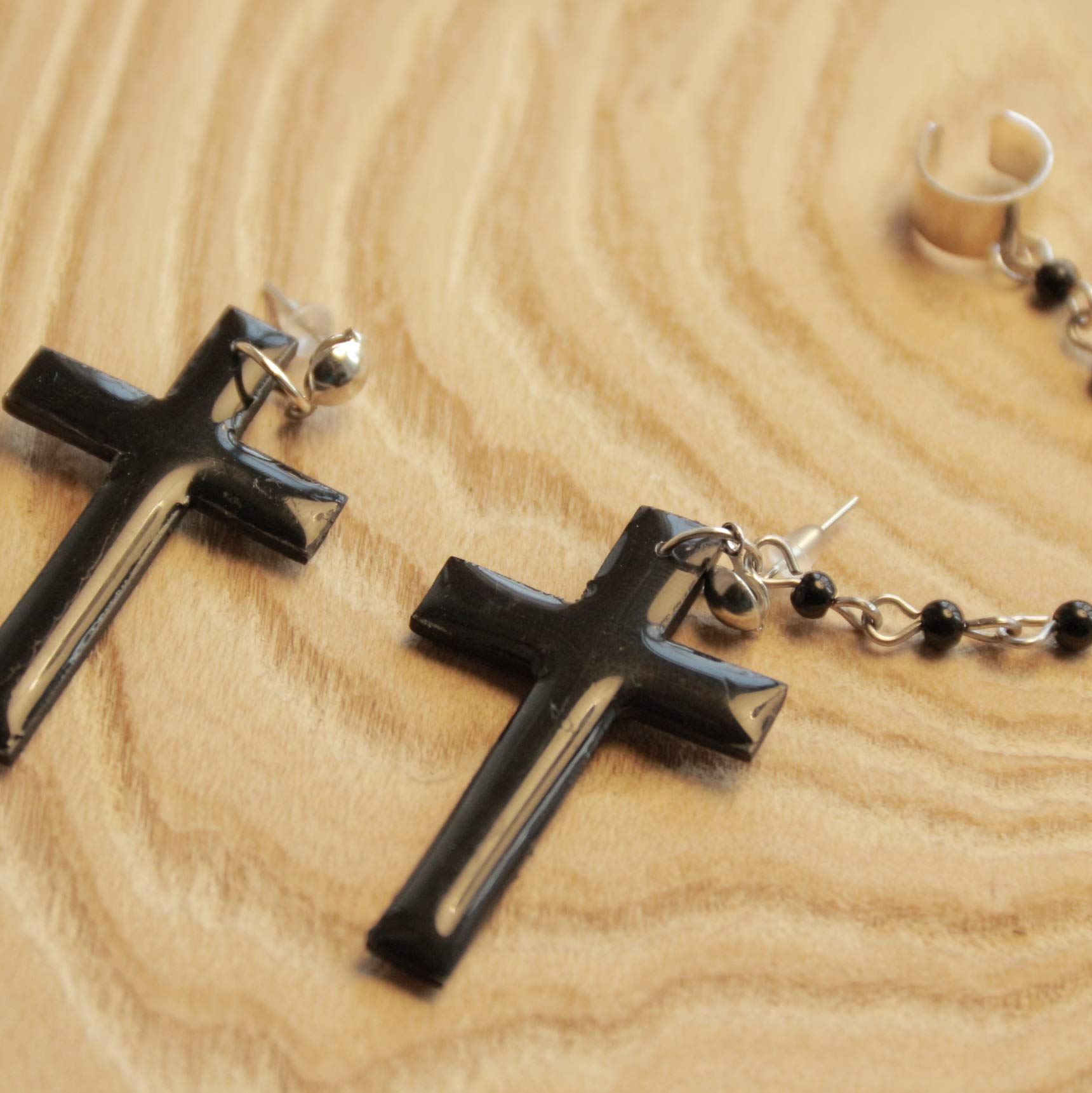 Handmade Gothic Cross Ear Cuff - Black Polymer Clay Stud Earrings with Beaded Chain - Epoxy Resin Jewelry for Women - Perfect for Halloween, Gothic Fashion & Alternative Style