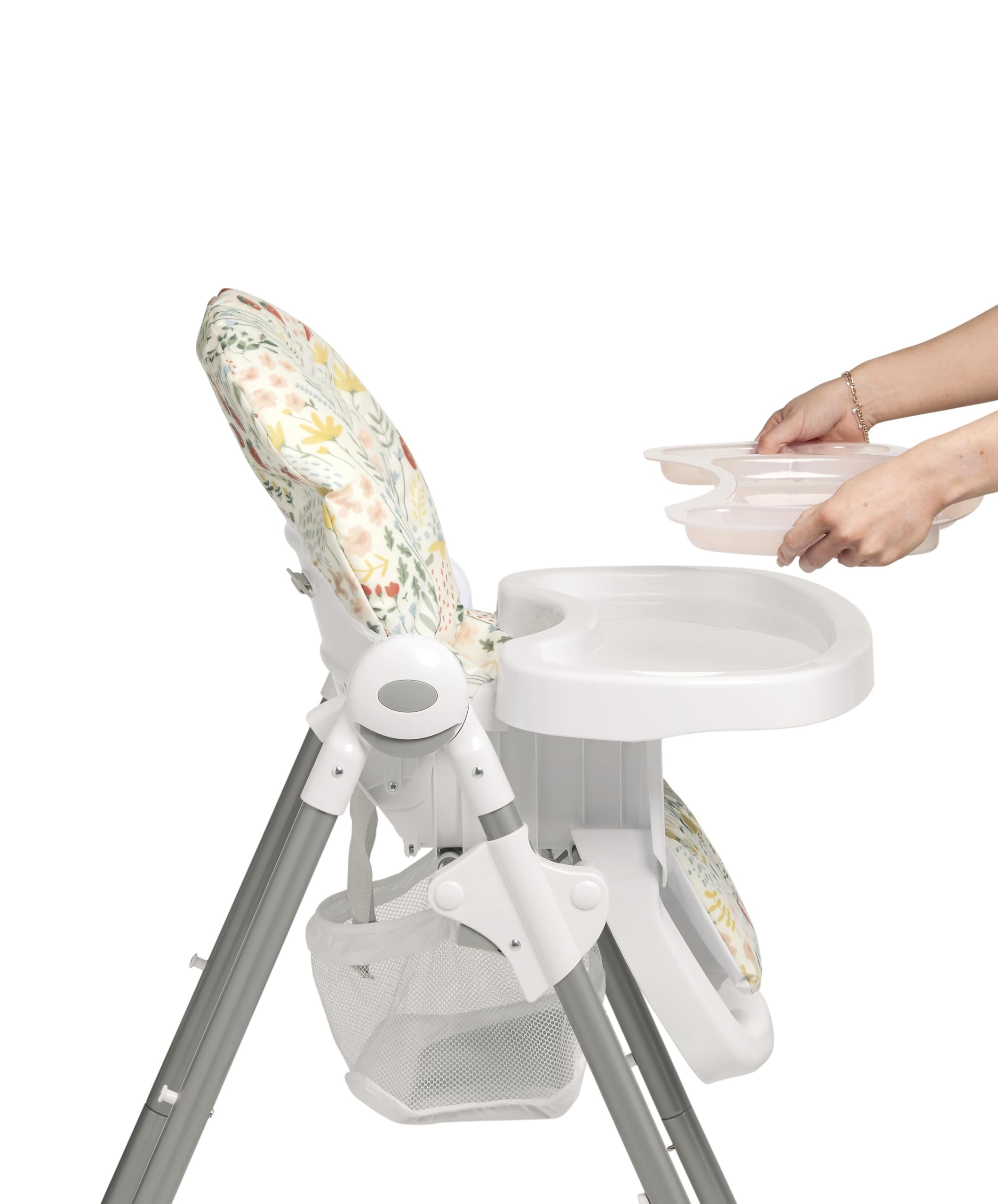 Mamas & Papas Snax Adjustable High Chair with Reclining Seat, Foldable Design & Removable Tray - Fruit Garden Pattern | Baby Feeding Chair for Home, Restaurant & Travel Use