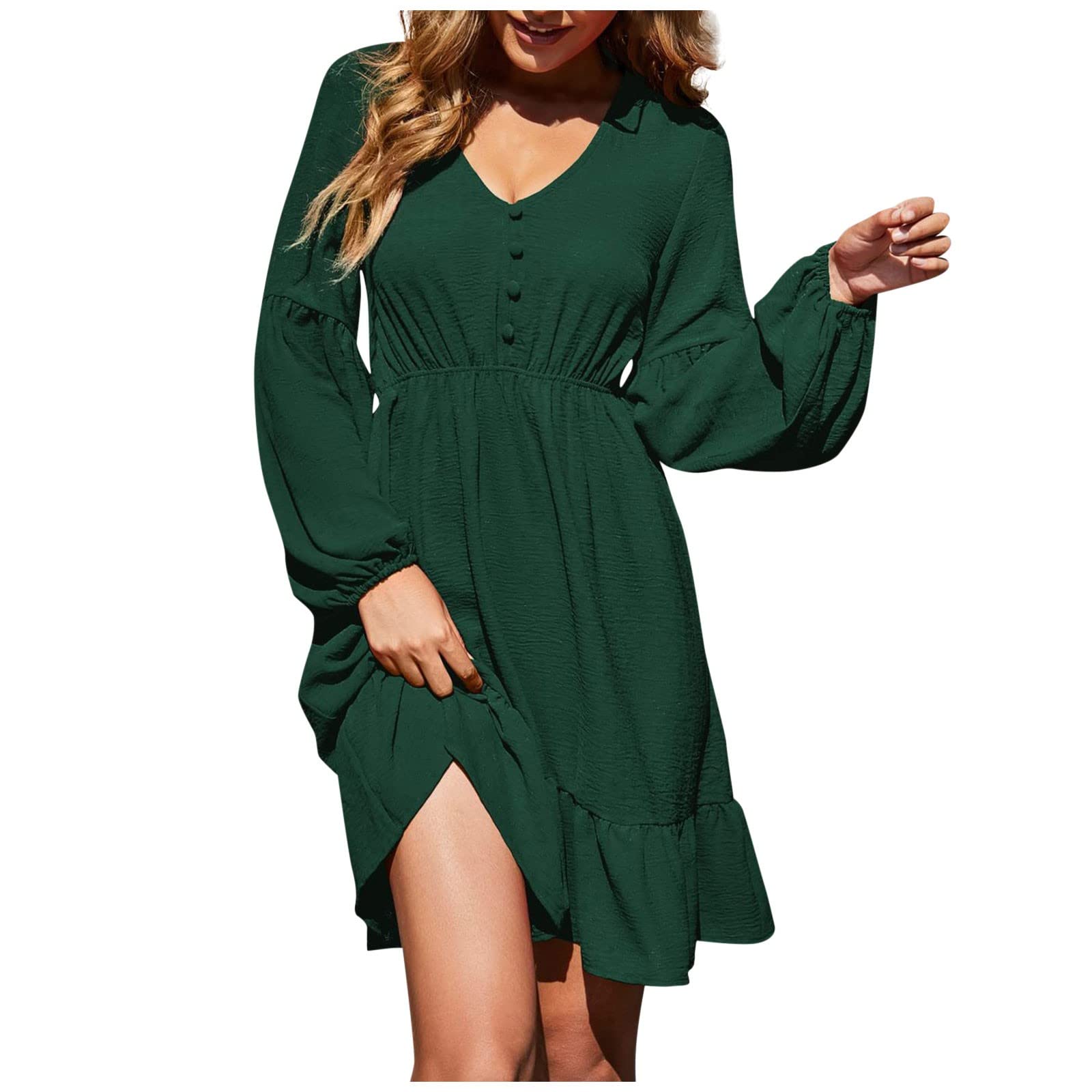 2023 Women's Summer Chiffon Mini Dress - V-Neck Long Sleeve Ruffle Hem Corset Sundress in Green (XX-Large) | Loose Fit Vacation Dress for Beach, Party & Casual Outings