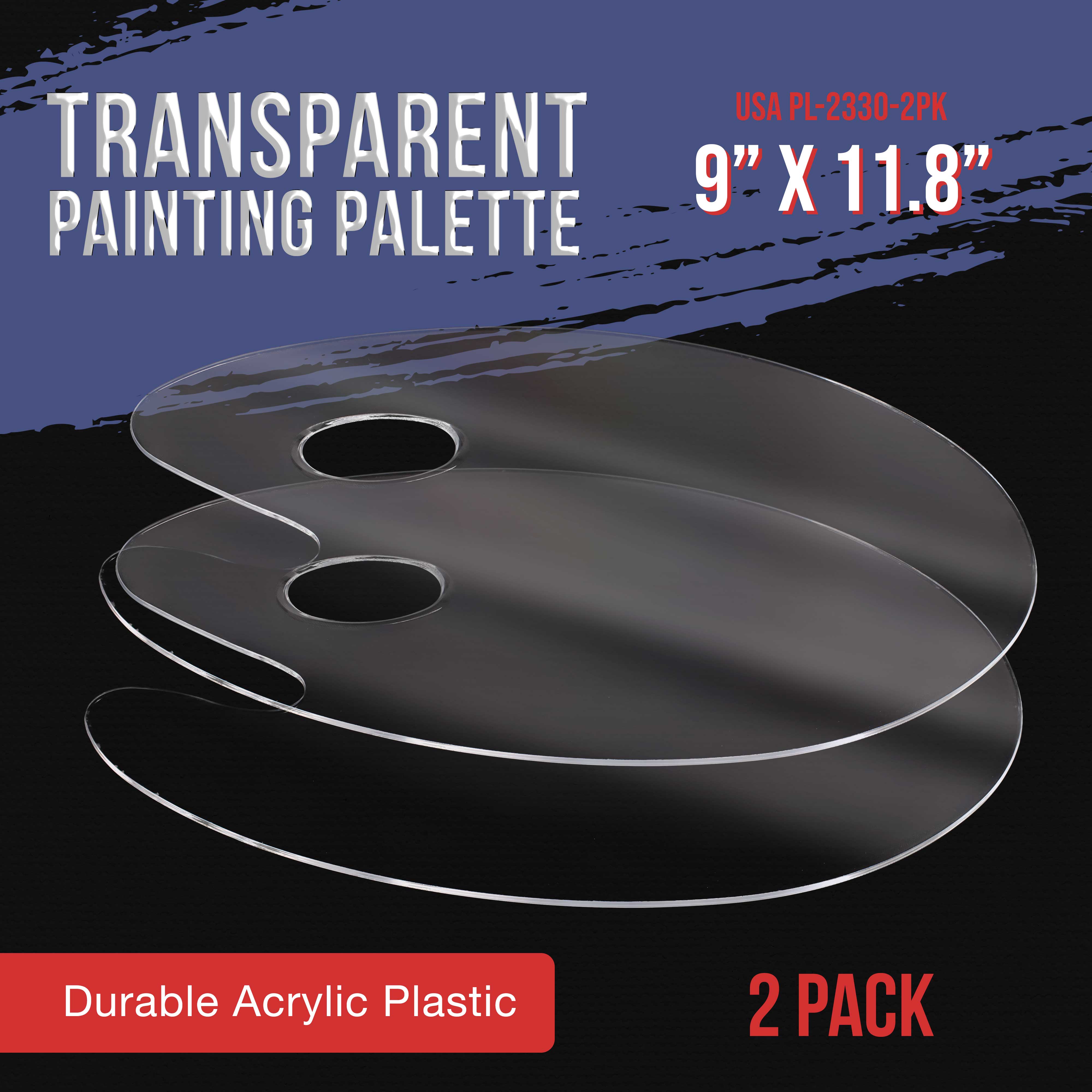 U.S. Art Supply 9 x 11.8 Inch Clear Oval Acrylic Painting Palette (Pack of 2) - Transparent Plastic Artist Paint Mixing Trays - Non-Stick Surface - Perfect for Oil, Acrylic & Watercolor Painting
