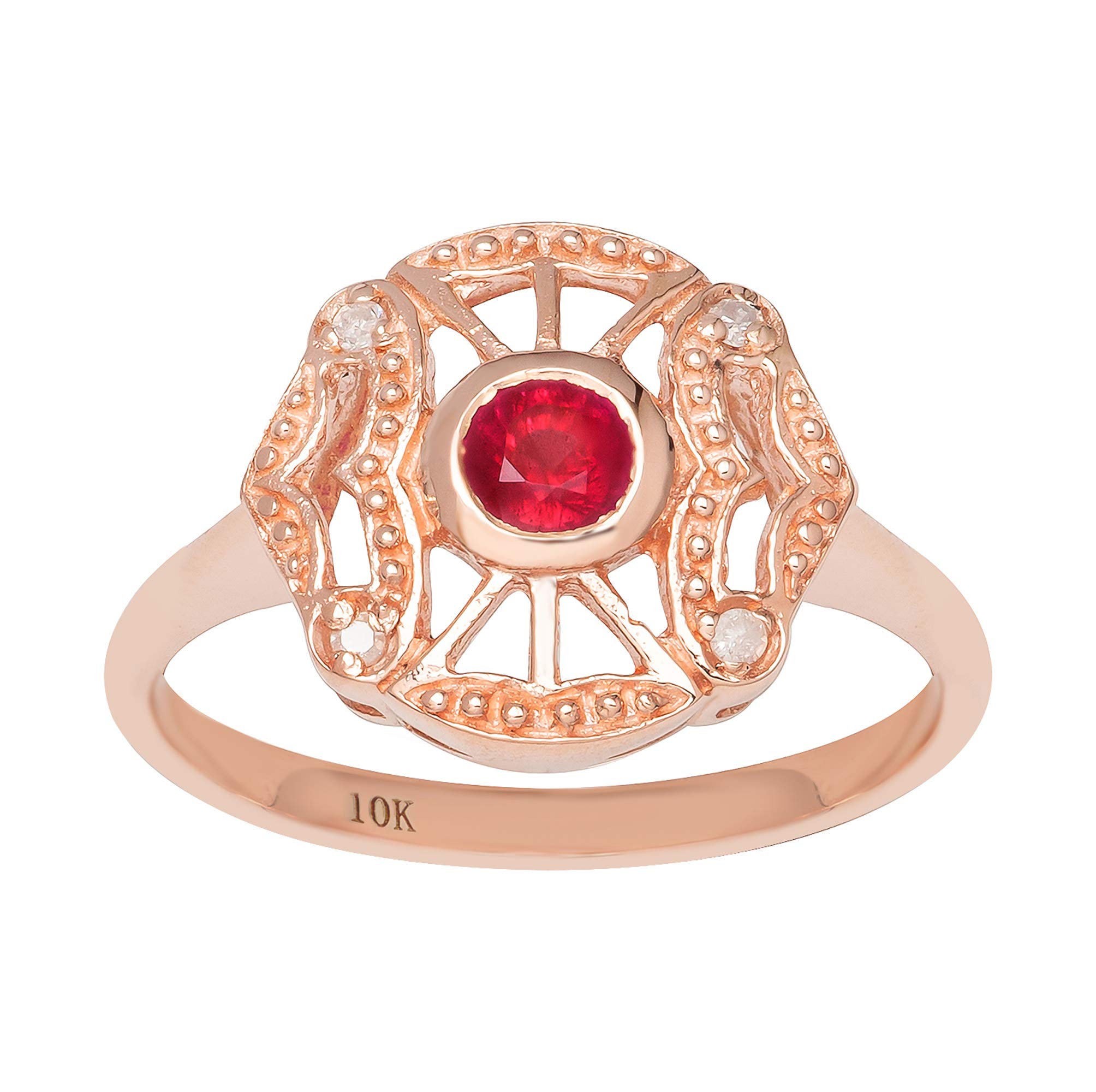 10K Rose Gold Vintage Style Genuine Round Ruby and Diamond Accent Ring for Women - Elegant Bridal, Anniversary, or Valentine's Day Gift Jewelry