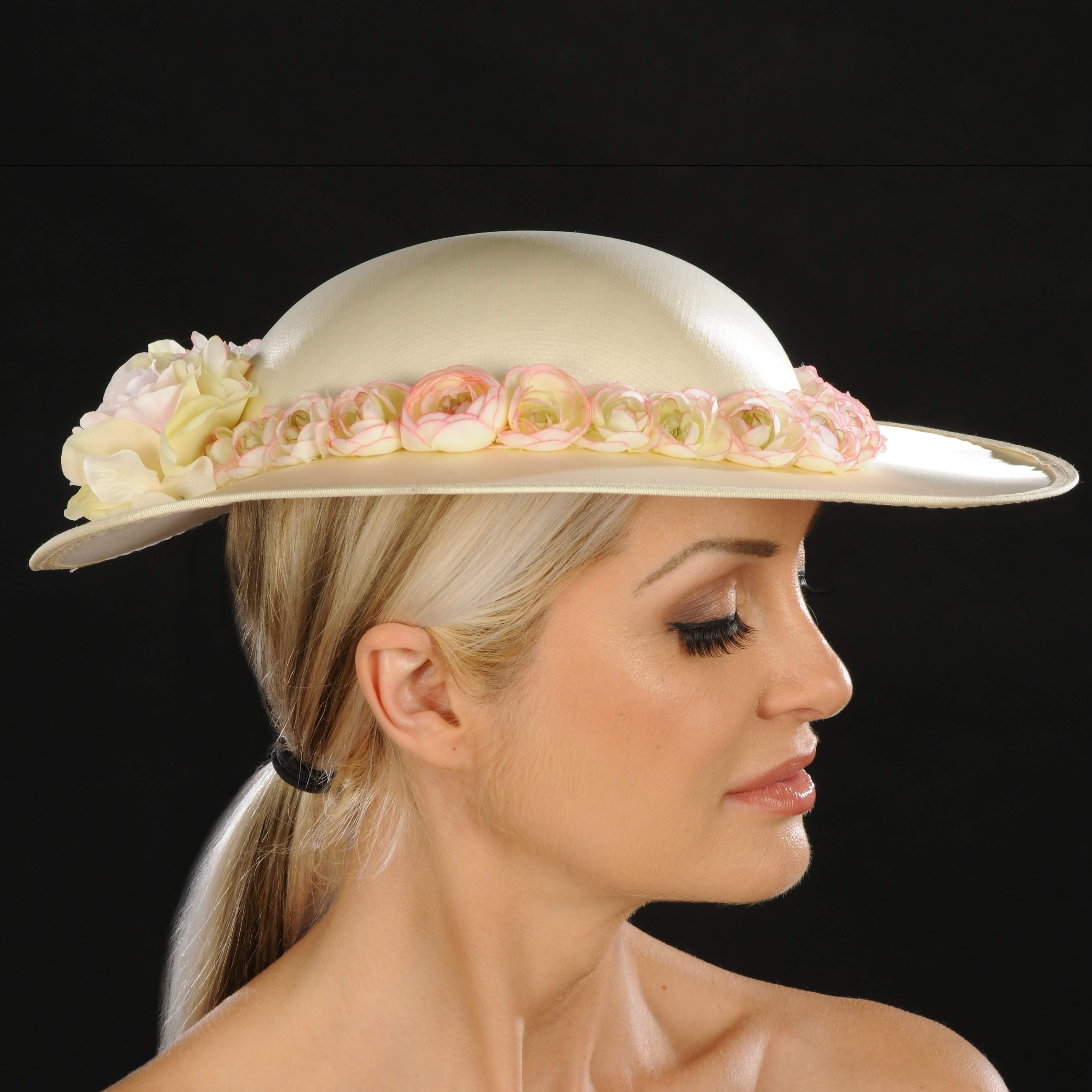SE7014 Elegant Satin Women's Hat with Floral Embellishment - Perfect for Weddings, Garden Parties & Spring Fashion Accessories