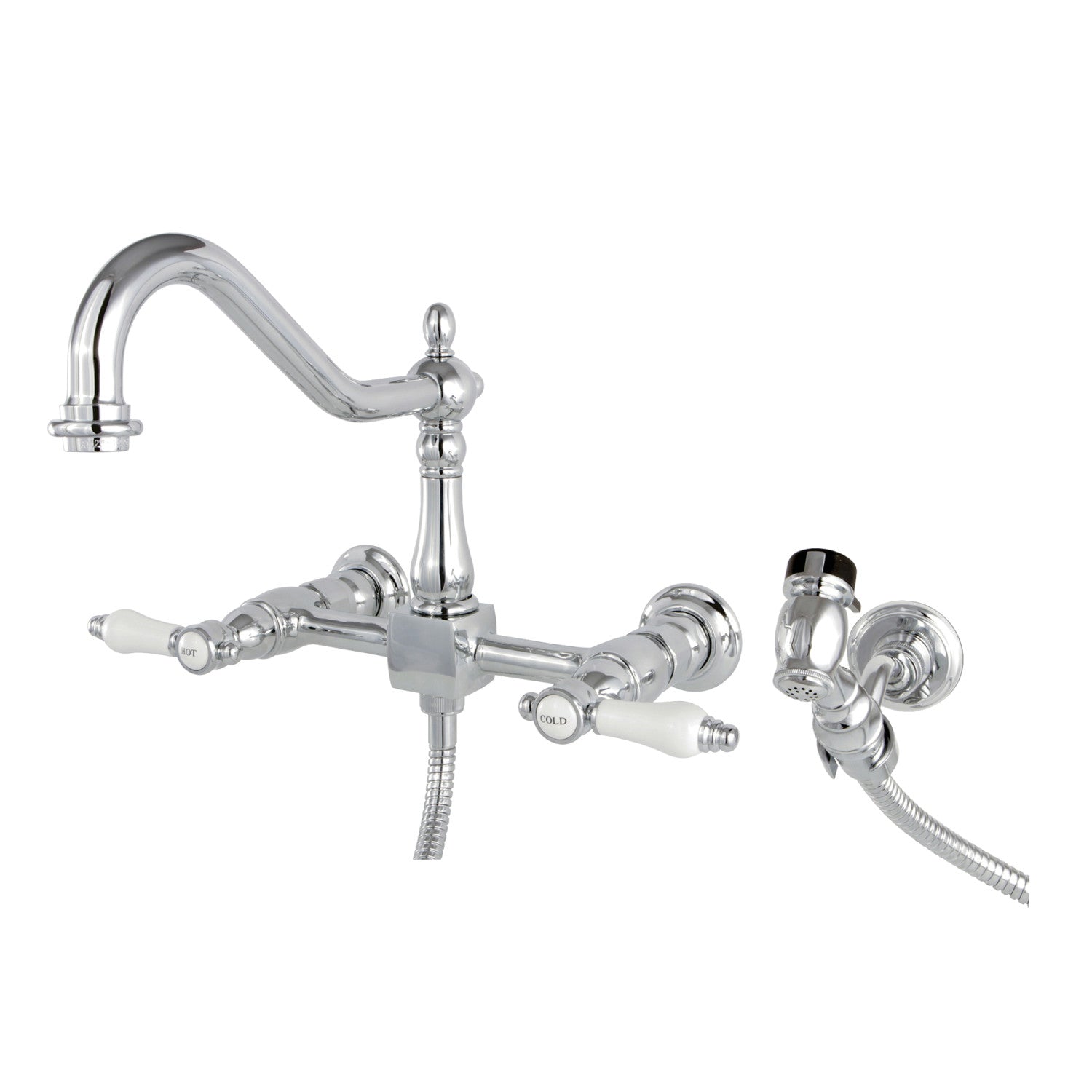 Bel Air KS1241BPLBS Double Handle 3-Hole Wall Mount Bridge Kitchen Faucet with Brass Sprayer - Polished Chrome Finish for Modern Farmhouse & Commercial Kitchens