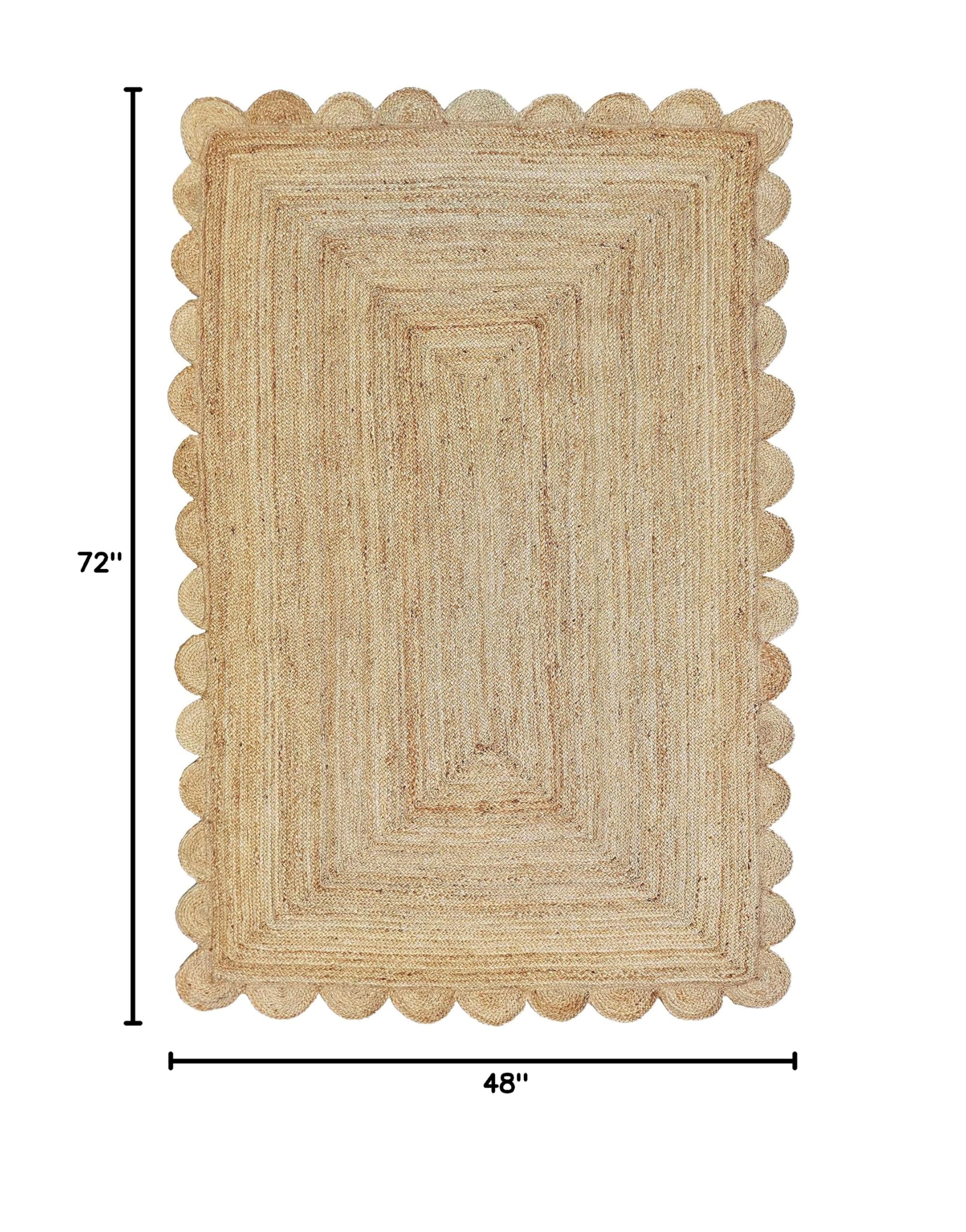 Scalloped Natural Jute Area Rug 4x6 Feet - Eco-Friendly Handwoven Floor Mat for Living Room, Bedroom & Boho Decor