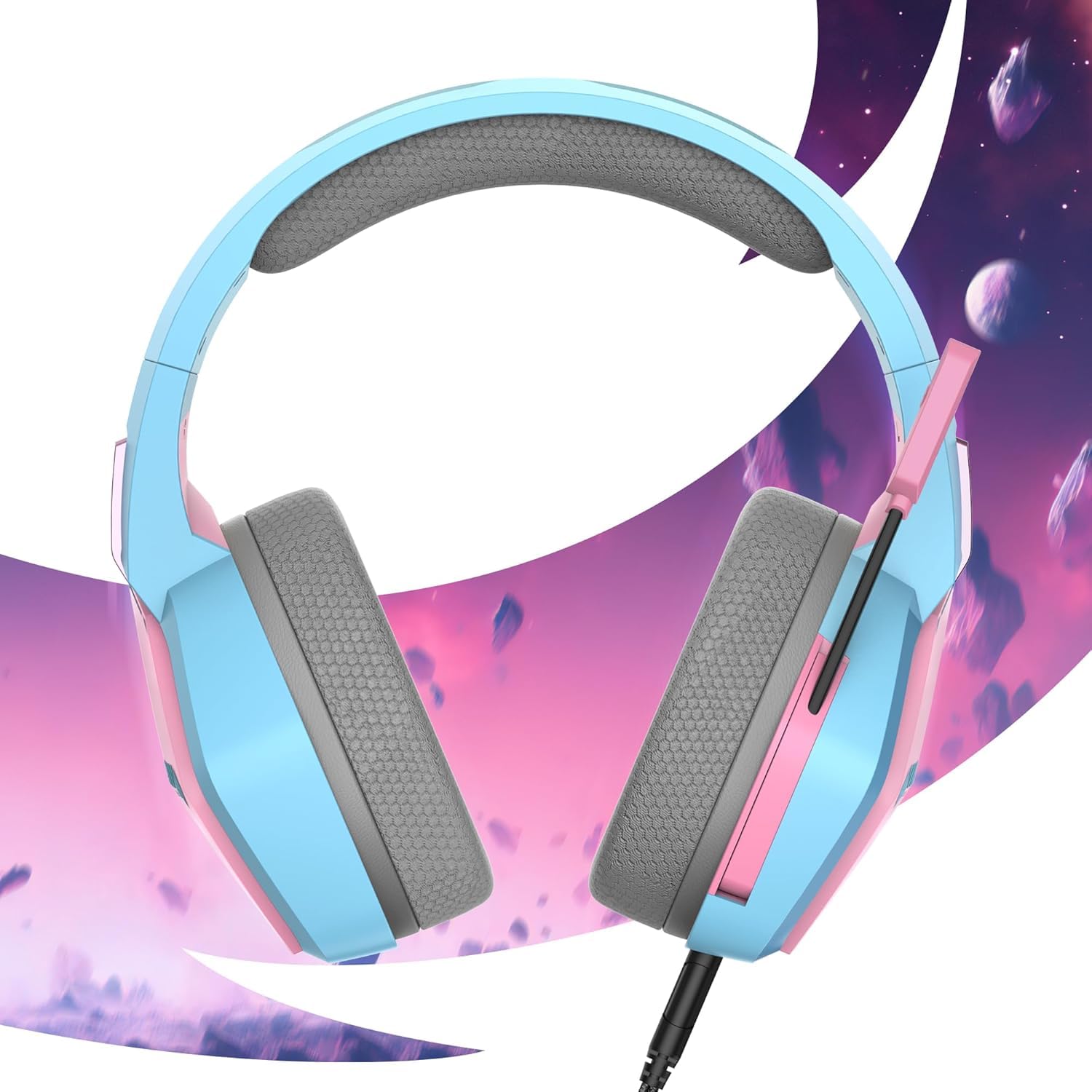 Oniverse Wired Stereo Gaming Headset with Adjustable Mic, 50mm Speakers & LED Lights - Compatible with PS5, PS4, Switch, Xbox, PC, MAC - Soft Fabric Ear Cushions in Diva Pink/Rose (Nebula) - Perfect for Competitive Gaming, Streaming & Online Chat