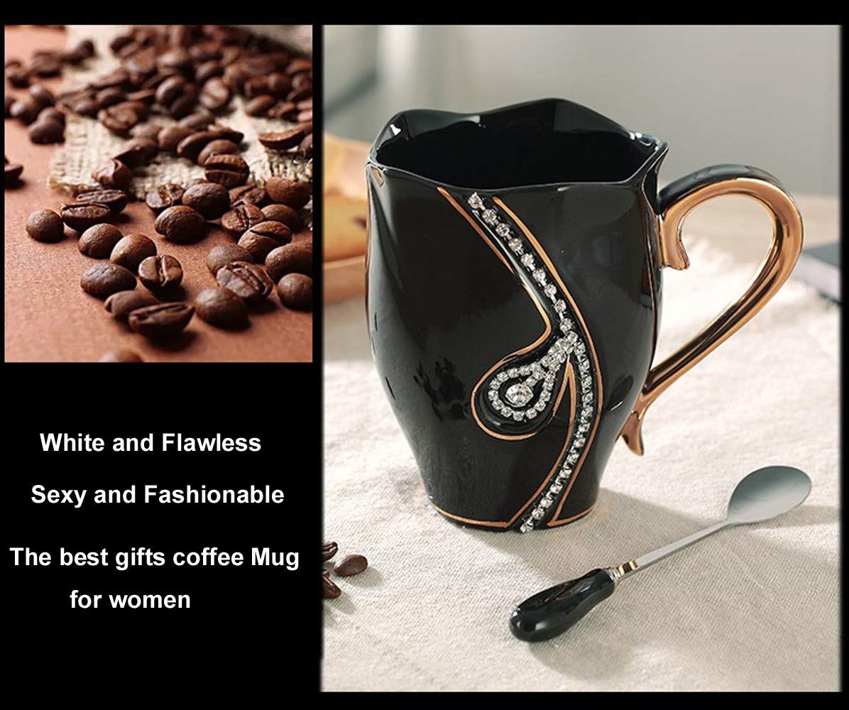 Sparkling Rhinestone Coffee Mug - Elegant Ceramic Water Cup for Office & Home Use - Unique Gift for Women with Spoon Included (Black) - Perfect for Coffee, Tea, Hot Chocolate & Daily Beverages