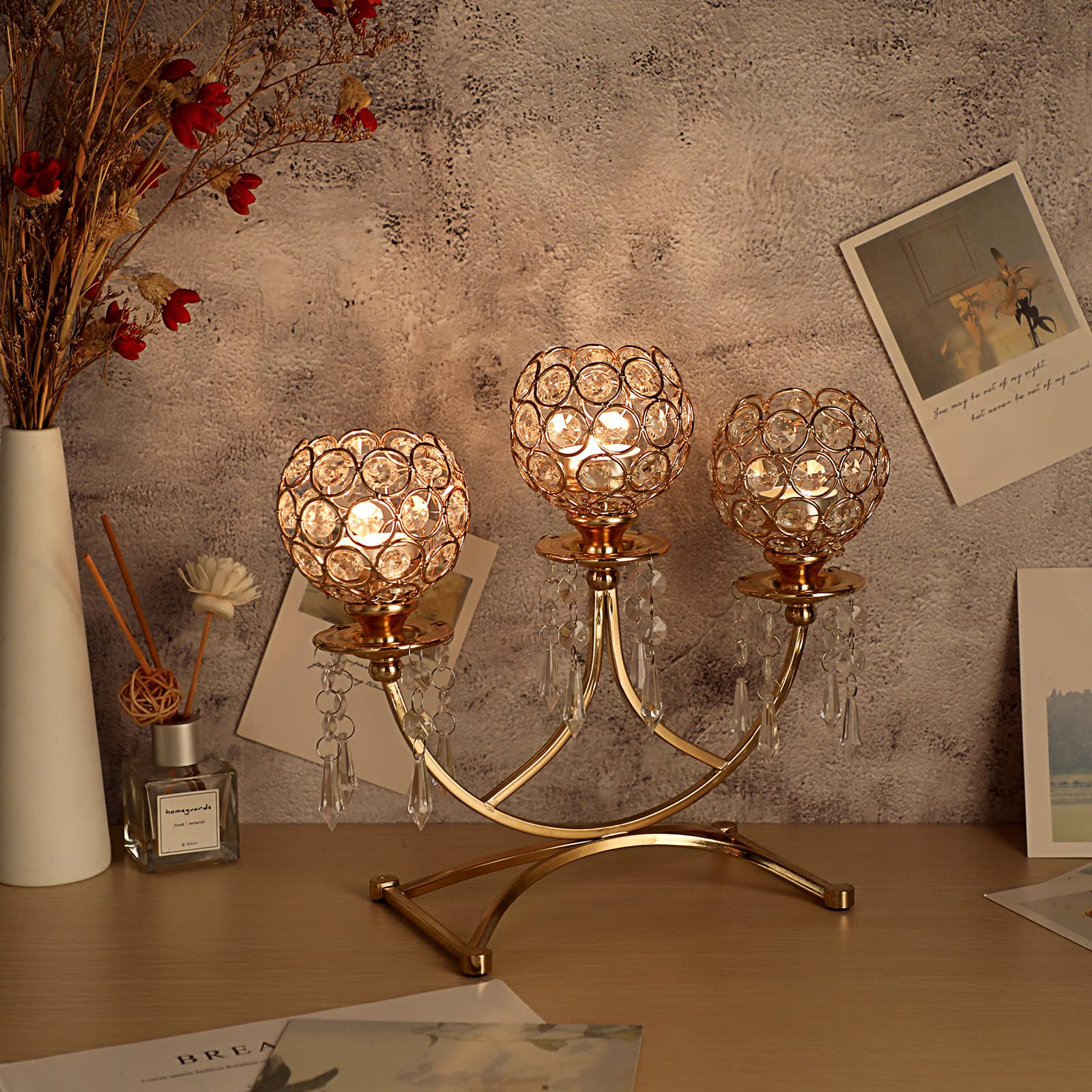 OwnMy 3-Arm Crystal Tealight Candle Holder - Elegant Gold Candelabra Votive Stand for Dining Table, Wedding, Christmas Party & Home Decor | Perfect Centerpiece for Romantic Dinners, Holiday Celebrations & Special Events