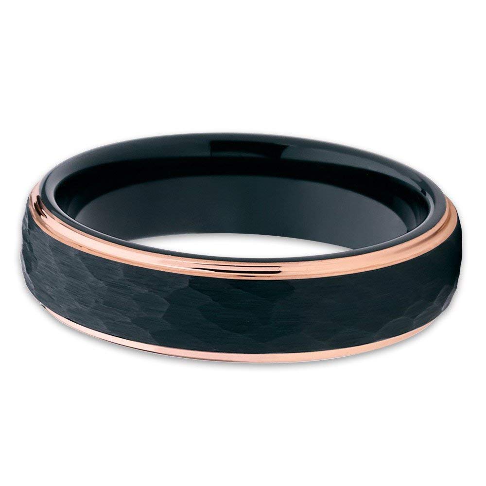 6mm Black Tungsten Wedding Band for Men & Women - Rose Gold Hammered Finish, Durable & Scratch Resistant Anniversary Ring - Perfect for Everyday Wear, Proposals & Special Occasions
