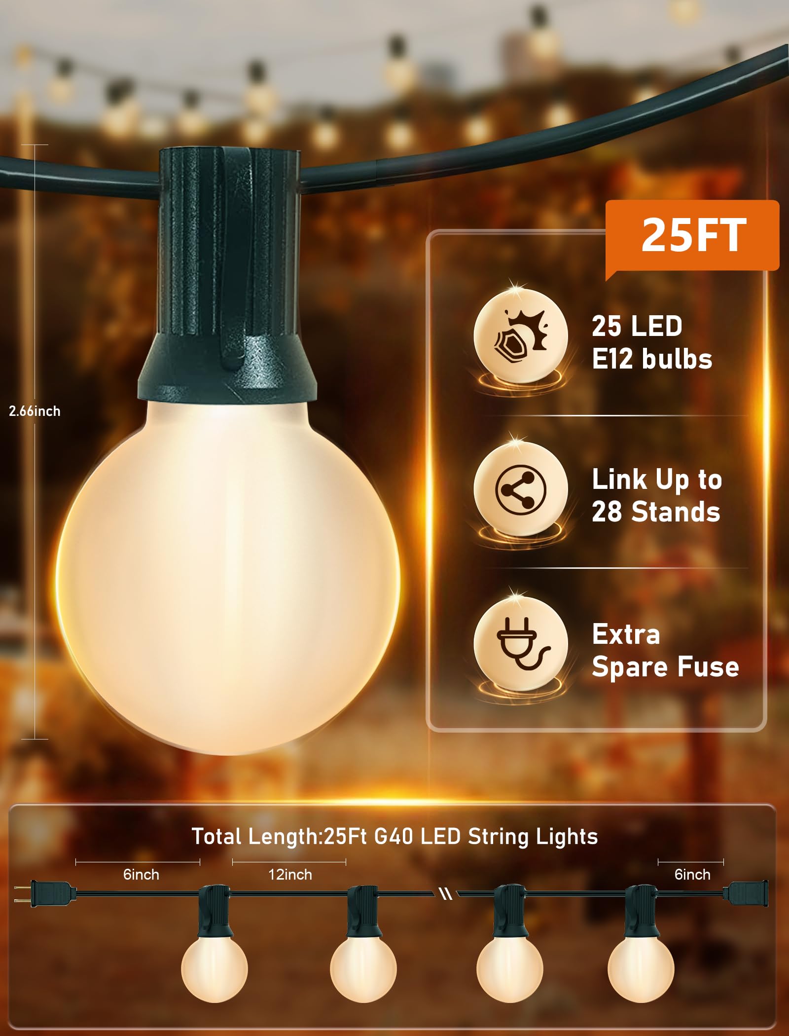 25FT G40 LED Frosted Outdoor String Lights - 27 Shatterproof Edison Bulbs (2 Spare) - Warm White Decorative Lighting for Bedroom, Bistro, Café, Wedding & Garden Party - Green Wire Weatherproof Patio Lights
