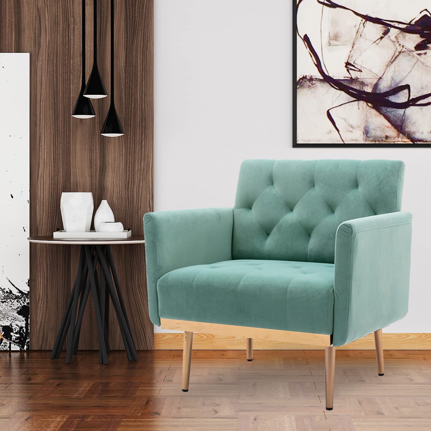 HomVent Modern Accent Arm Chair - Upholstered Barrel Sofa with Gold Metal Legs for Living Room, Bedroom & Home Office - Comfy Single Seater in Mint Green - Perfect for Relaxing, Reading & Enhancing Home Decor