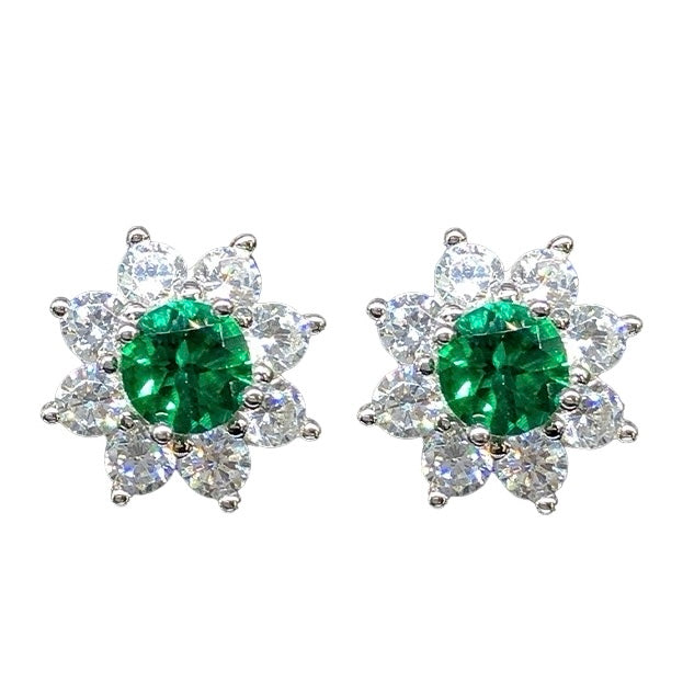 18K Platinum Emerald Flower Stud Earrings for Women - Elegant Floral Jewelry Gift for Birthday, Anniversary & Special Occasions | FME001