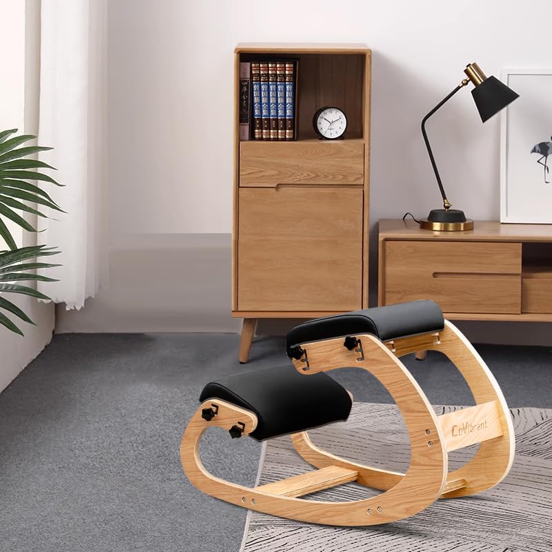 Ergonomic Adjustable Kneeling Chair - Leather Office Posture Support for Back Pain Relief - Perfect for Teens & Adults - Home & Office Use (Black)