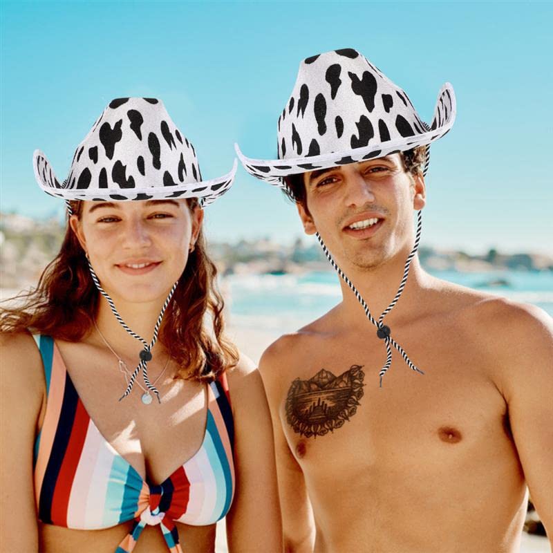 Stylish White and Black Cow Print Cowboy Hat - Adjustable Felt Cowboy Hat for Men & Women | Perfect for Western Rodeo, Country Music Festivals & Halloween Costumes