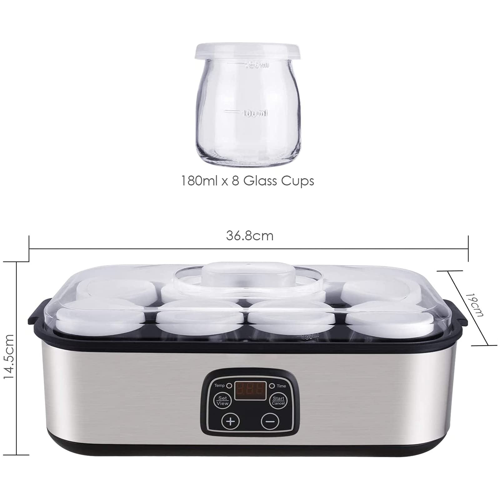 Automatic Digital Yogurt Maker Machine with LCD Display - 8 Glass Jars (48 Oz) - Stainless Steel Design & Auto Temperature Control - Perfect for Homemade Yogurt, Healthy Snacks, and Family Breakfast