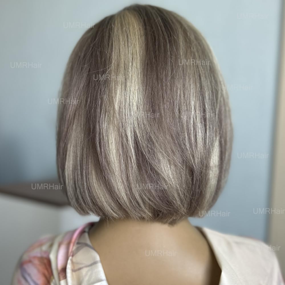 Platinum Blonde Short Bob Human Hair Wig with Purple Grey Highlights - Lace Front Wig for Women with Bangs & Baby Hair | Pre-Plucked 150 Density 12 Inch | Perfect for Cosplay, Parties & Daily Wear