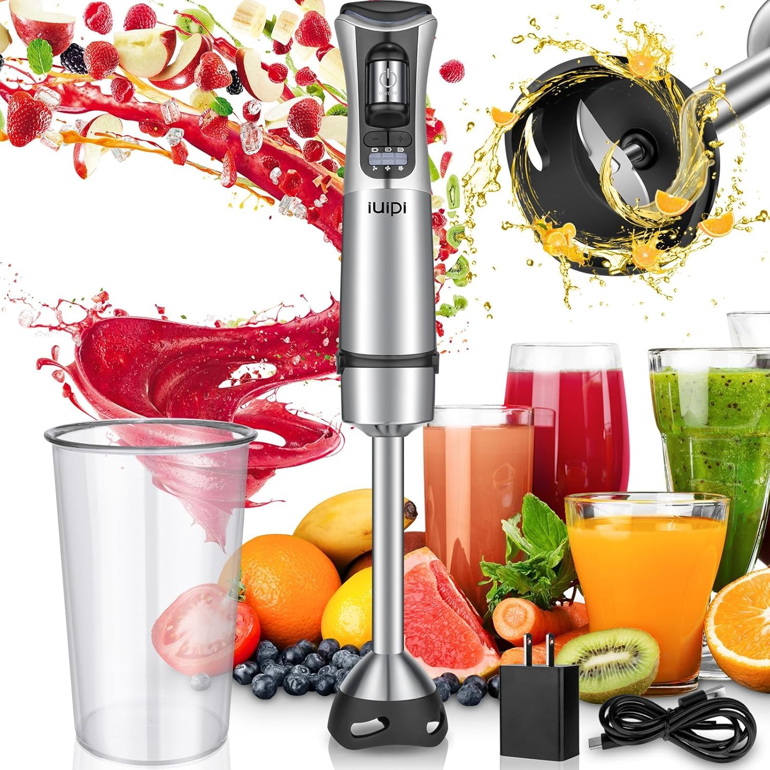 IUIPI Cordless Hand Blender - Rechargeable Variable Speed Immersion Blender with 304 Stainless Steel Blades & 800ml Cup - Perfect for Smoothies, Soups, Purees, Baby Food - Ideal Kitchen Gift for Home Cooking & Meal Prep