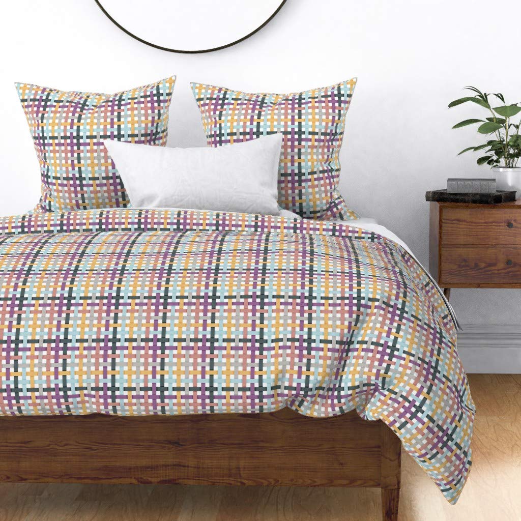 Custom Spoonflower Cotton Sateen Duvet Cover Full/Queen Size - Vibrant Multicolor Geometric Print in Yellow, Blue, Pink & Purple | Spring Easter Pastel Check Plaid Design for Girls Bedroom Decor | Perfect for Seasonal Home Refresh & Gift Giving