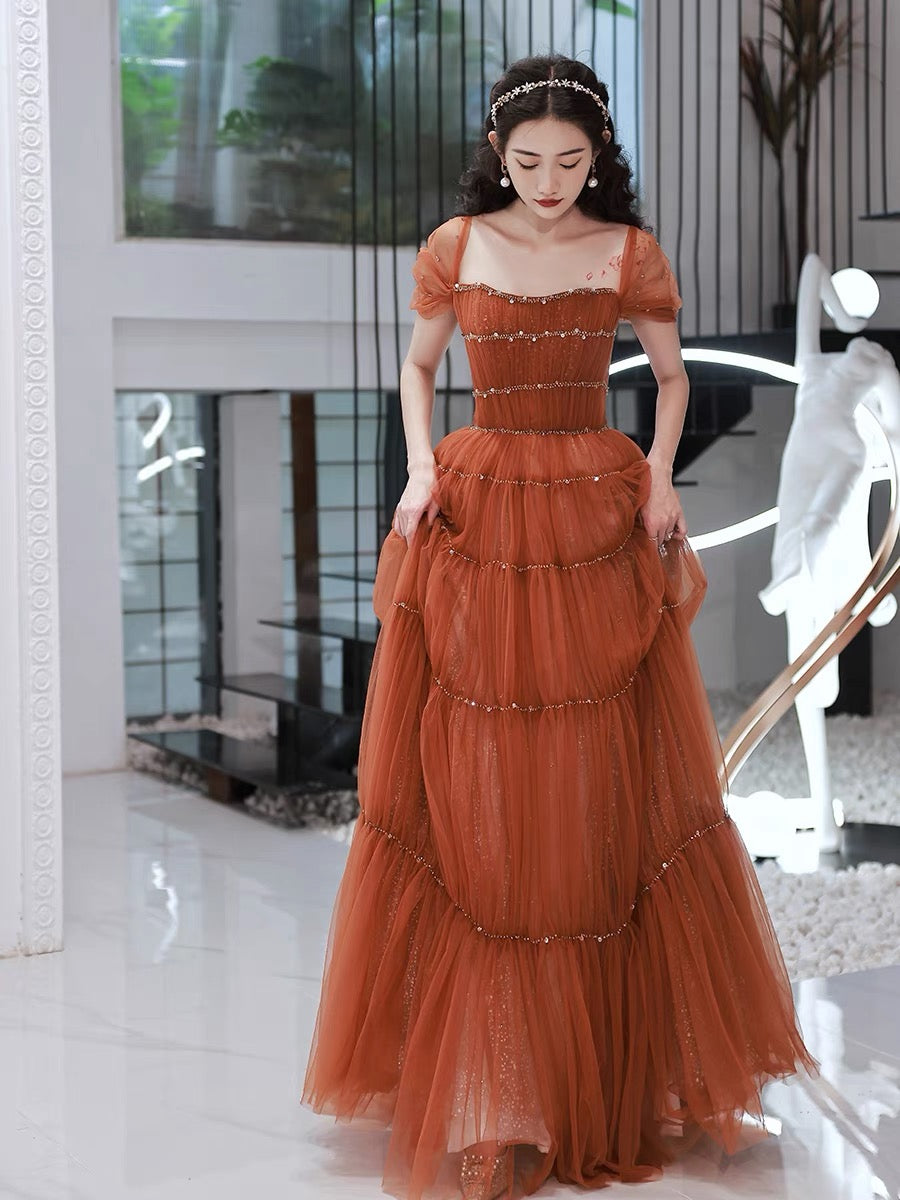 Elegant Off-the-Shoulder Rust Red A-Line Tulle Prom Dress for Homecoming, Birthday Party & Special Occasions - Style J3220 | Formal Evening Gown for Women & Teens