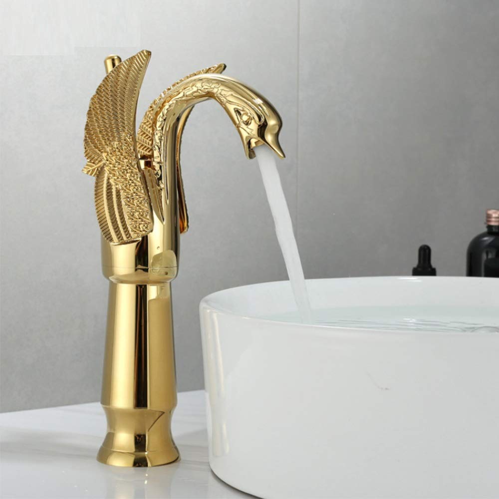 Modern Single Handle Bathroom Vessel Sink Faucet - Swan Neck Design in Golden Finish | Perfect for Vanity, Powder Room & Luxury Bathroom Decor