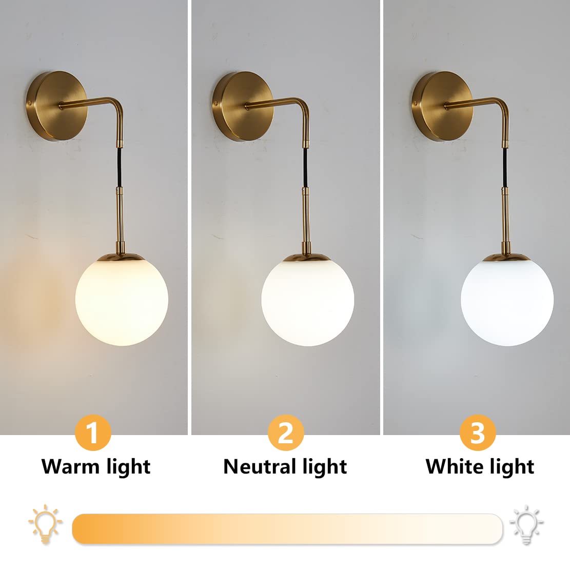 BOKT Frosted White Glass Wall Sconce - Mid Century Modern Globe Ball Light with Brushed Brass Gold Finish - Adjustable Industrial Vanity Bathroom Wall Lamp (Gold+White) - Perfect for Bedroom, Living Room, and Bathroom Lighting