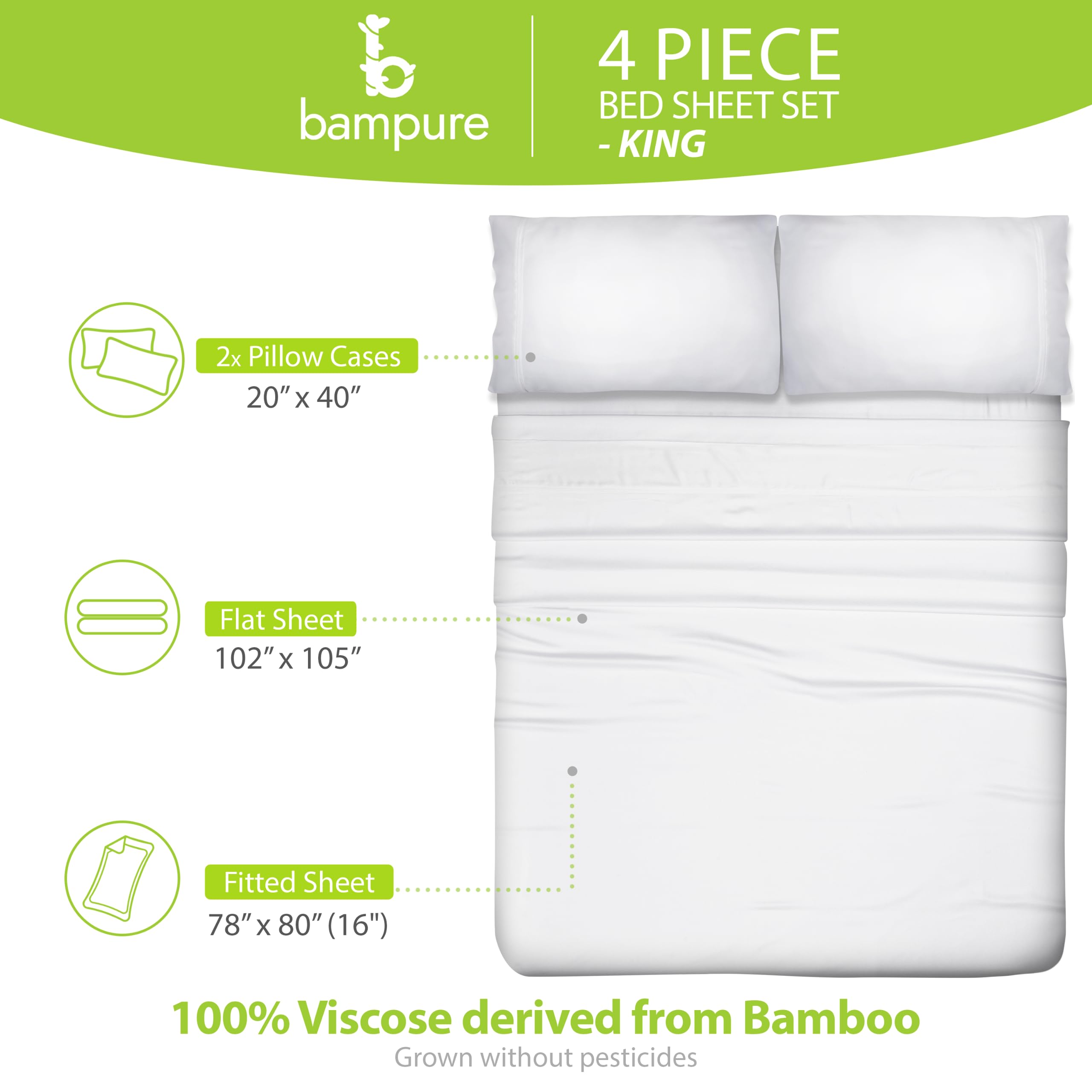 BAMPURE Luxury King Size Bamboo Viscose Sheet Set - 100% Bamboo-Derived, Ultra Soft & Cooling Bed Sheets for Hot Sleepers - Fits Mattresses Up to 16