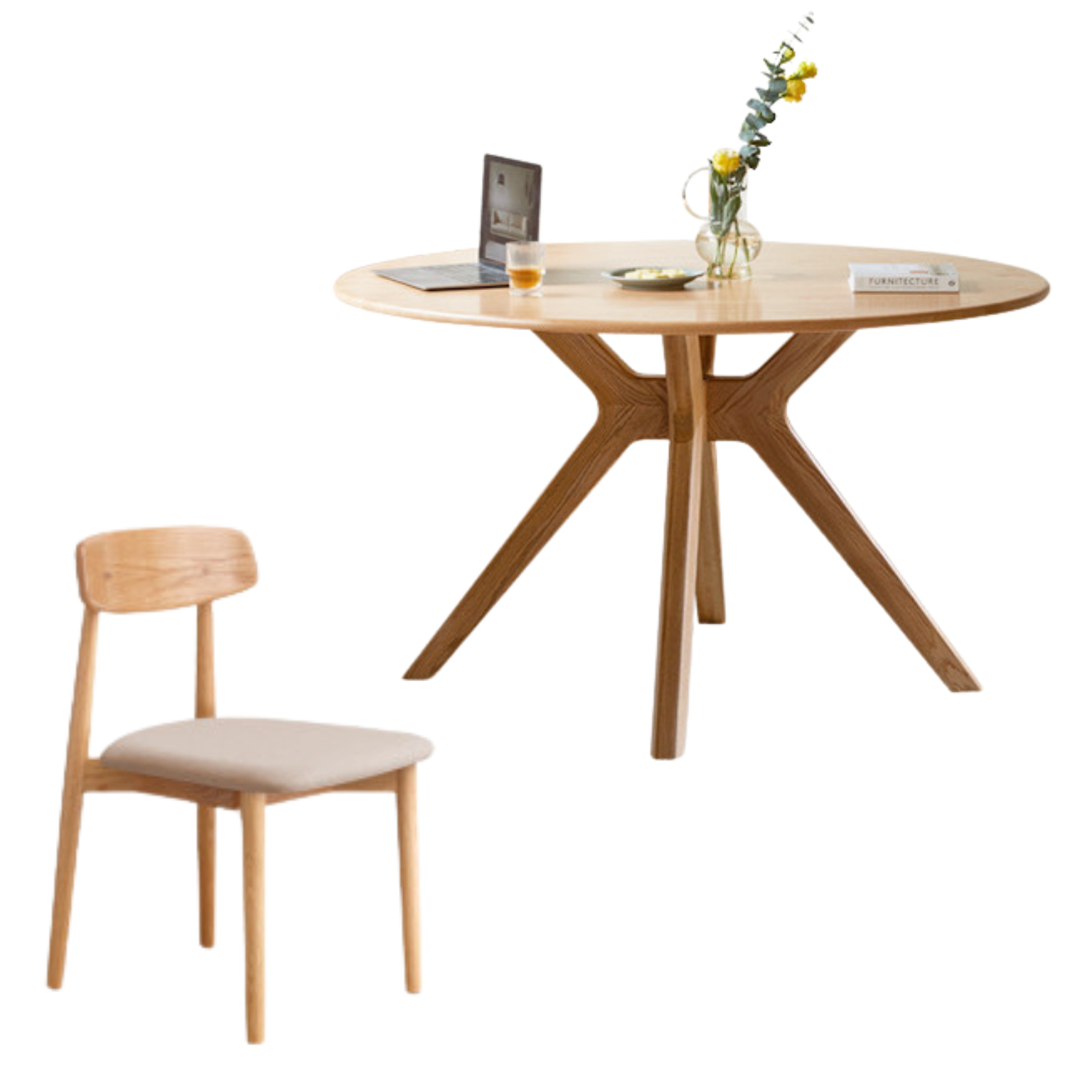 51.1x51.1x29.1 inch / 130x130x74.8 cm / Natural Wood Color / Dining table + four chairs white