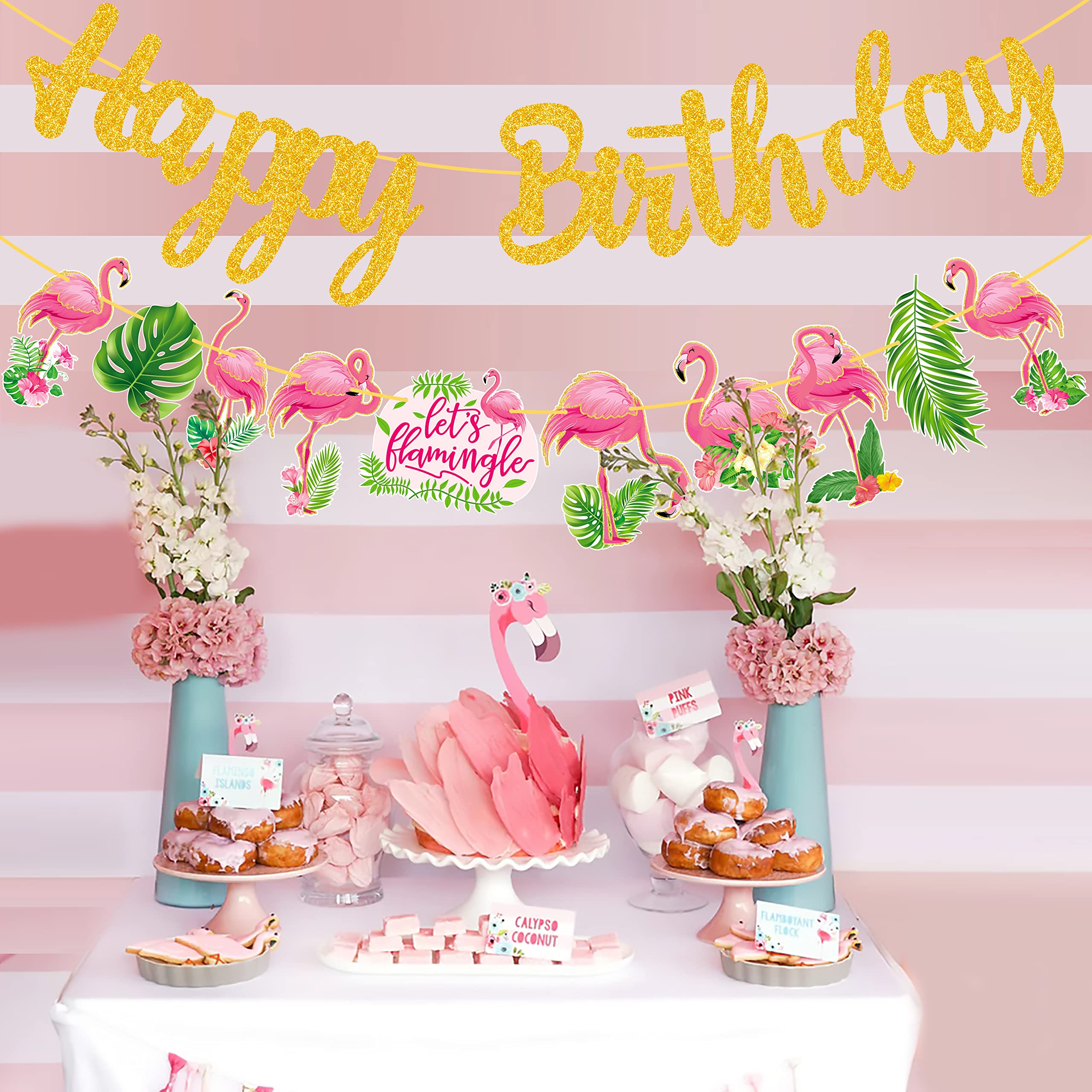 Flamingo Birthday Party Banner - Gold Glitter Happy Birthday Decor for Tropical Luau & Hawaii Theme Party Supplies | Perfect for Beach, Poolside & Summer Birthday Celebrations