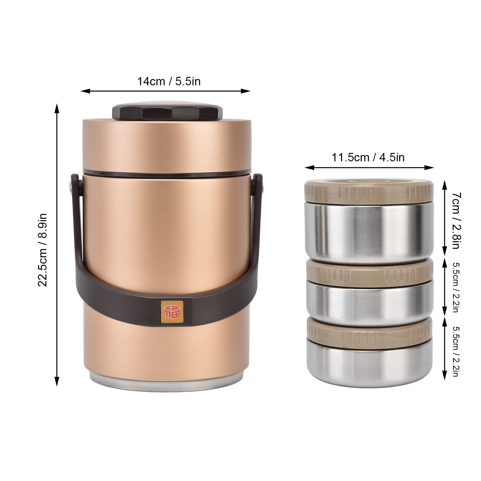 Yosoo 2000ml Wide Mouth Insulated Thermos Lunch Box - 3-Layer Stackable Leak Proof Food Container for Hot & Cold Meals - Reusable Soup Jar for Office, Travel, Picnic, Camping & Outdoor Activities (Gold)