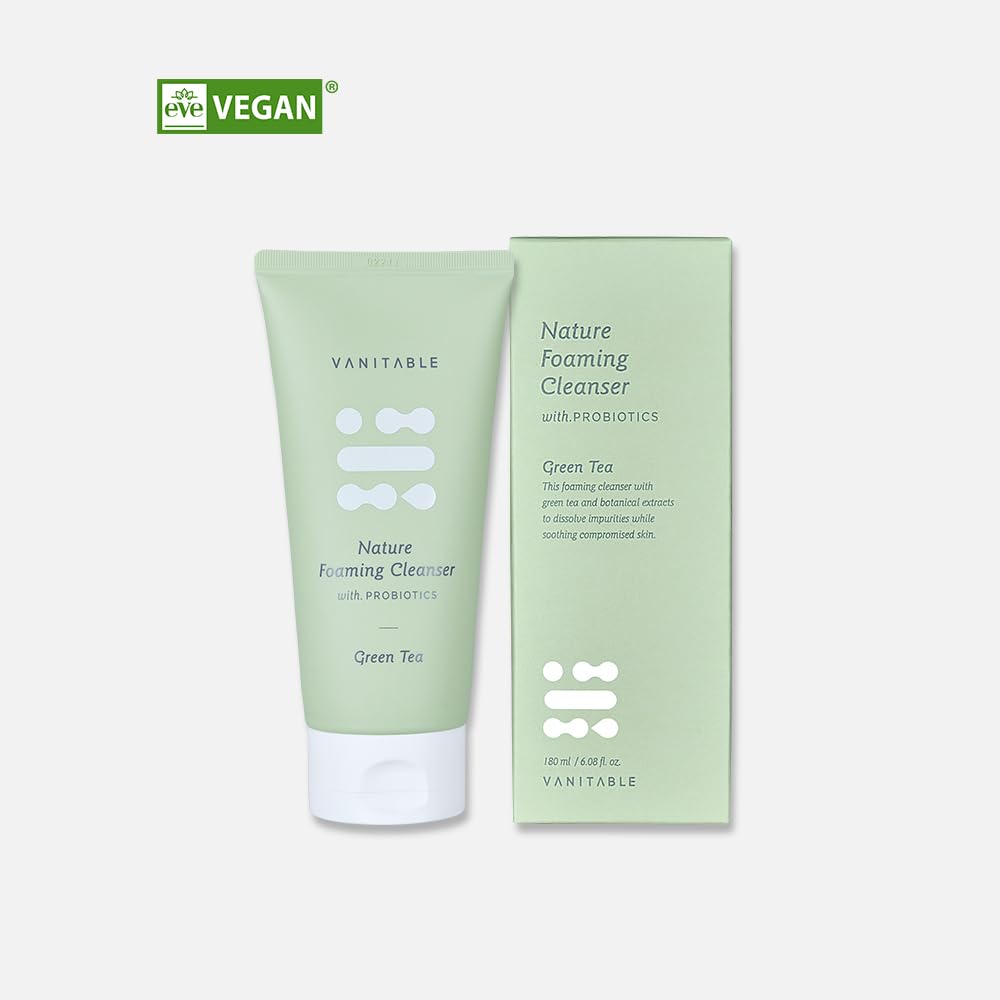 Vanitable Probiotic Foaming Facial Cleanser - Natural Green Tea, Rose & Lavender Formula for Gentle Exfoliating & Soothing Face Wash (6.09 fl oz) | Perfect for Sensitive Skin & Daily Skincare Routine