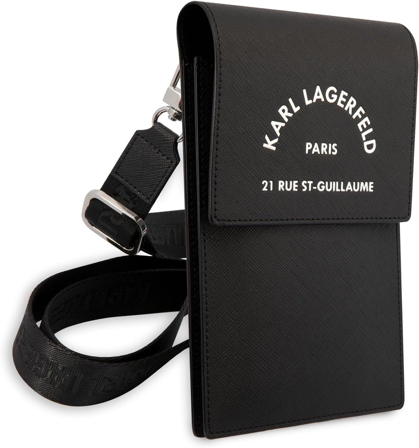 Karl Lagerfeld Embossed Logo Universal Phone Pouch with Adjustable Strap - Black Crossbody Bag for iPhone 15/14/13/12 Pro Max, Samsung Galaxy S23/S22 - Perfect for Travel, Shopping & Daily Use (KLWBSARSGK)