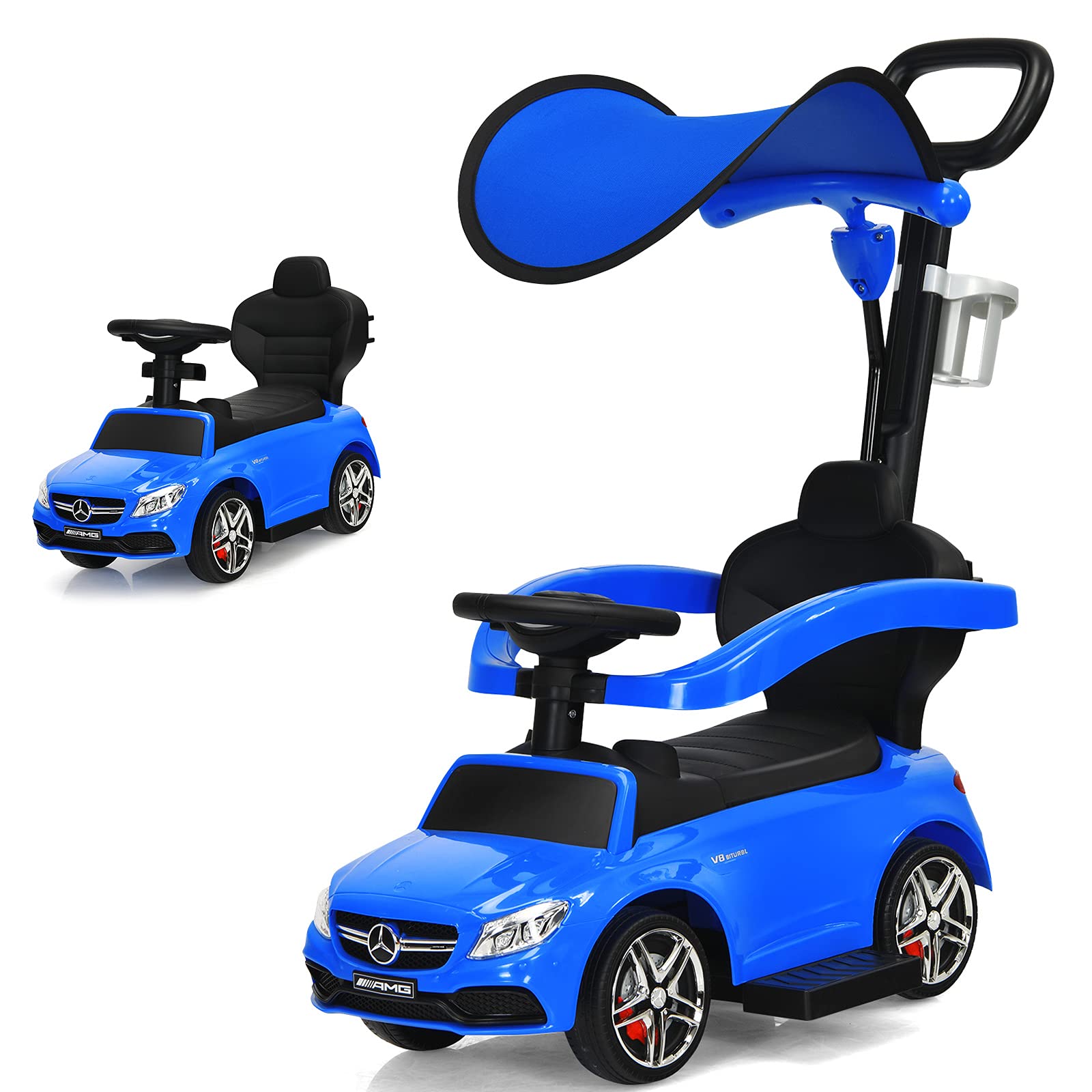 Costzon 3-in-1 Mercedes Benz Push Car for Toddlers - Convertible Stroller, Sliding Walker & Ride-On Toy with Canopy, Safety Bar, Music & Storage | Foot-to-Floor Toy for Boys & Girls (Blue) | Perfect for Outdoor Walks, Park Visits & Backyard Play