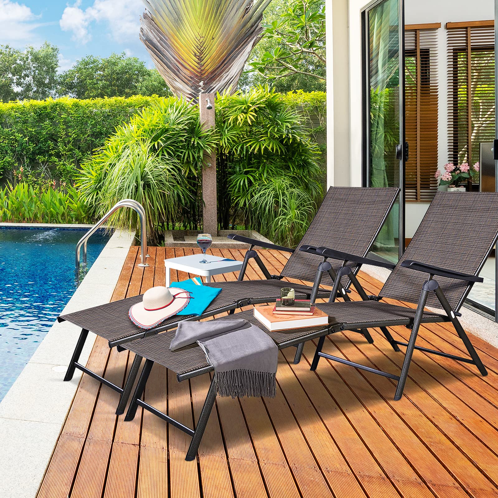 Tangkula Set of 2 Adjustable Patio Chaise Lounge Chairs - 5 Back & 2 Leg Positions for Ultimate Comfort - Perfect for Poolside, Beach, Garden, Backyard & Outdoor Relaxation | Heavy Duty Weather-Resistant Patio Furniture for Sunbathing & Lounging