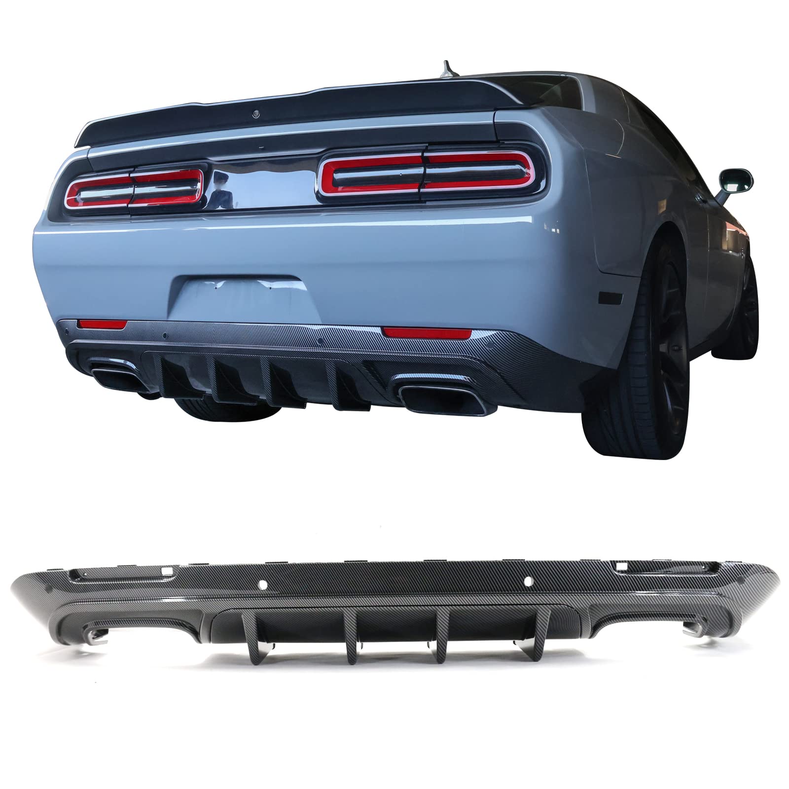 IKON MOTORSPORTS V3 Style Rear Diffuser for 2015-2023 Dodge Challenger - Carbon Fiber Print PP Bumper Lip Spoiler with Shark Fins | Aggressive Styling Upgrade for Street Racing & Car Shows
