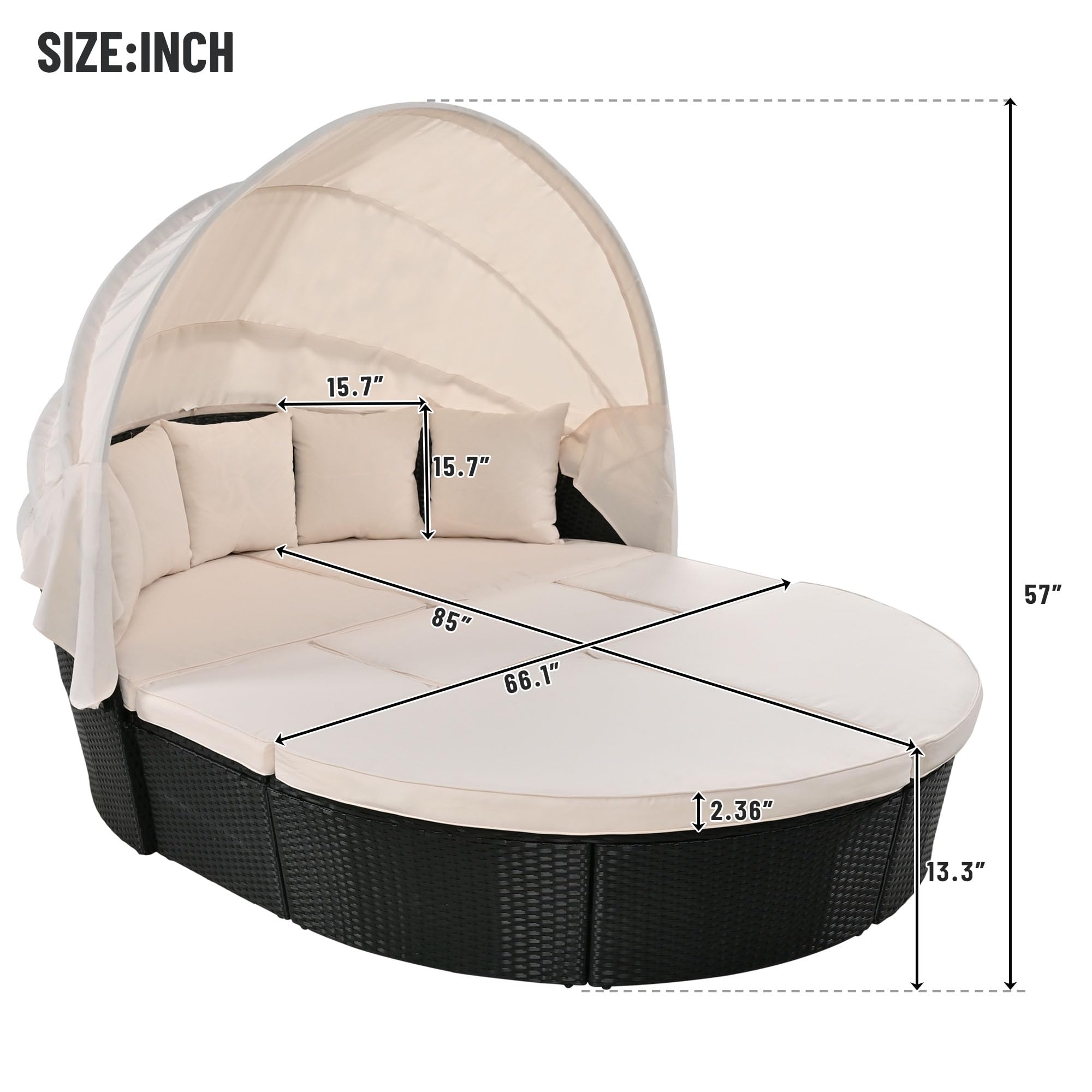 Outdoor Daybed with Retractable Canopy - Round Patio Sectional Sofa Set - Wicker Clamshell Seating with Removable Cushions - Beige - Perfect for Backyard, Porch, Poolside & Garden Relaxation