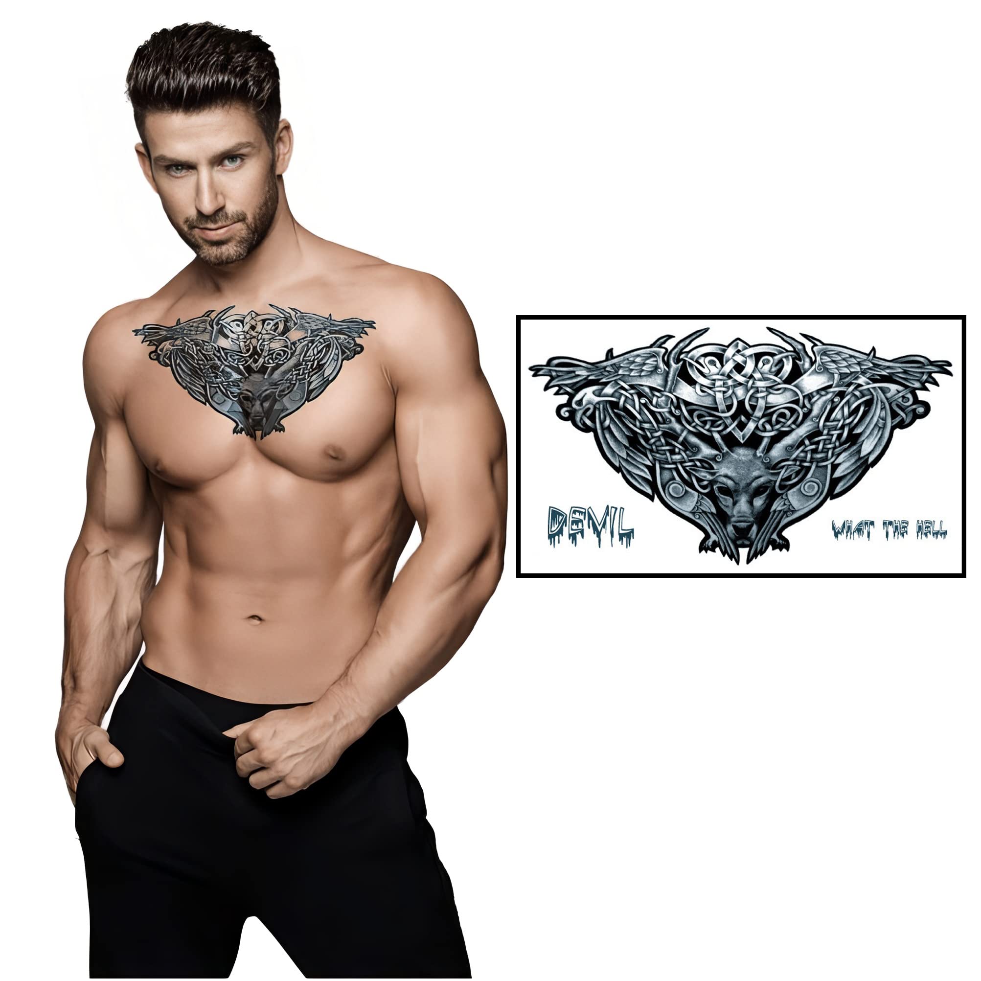 Waterproof Temporary Tattoos for Men & Women - Devil 'What The Hell' Text with Totem Design - 24x14cm Chest, Waist & Back Body Art - Perfect for Parties, Halloween & Costume Events