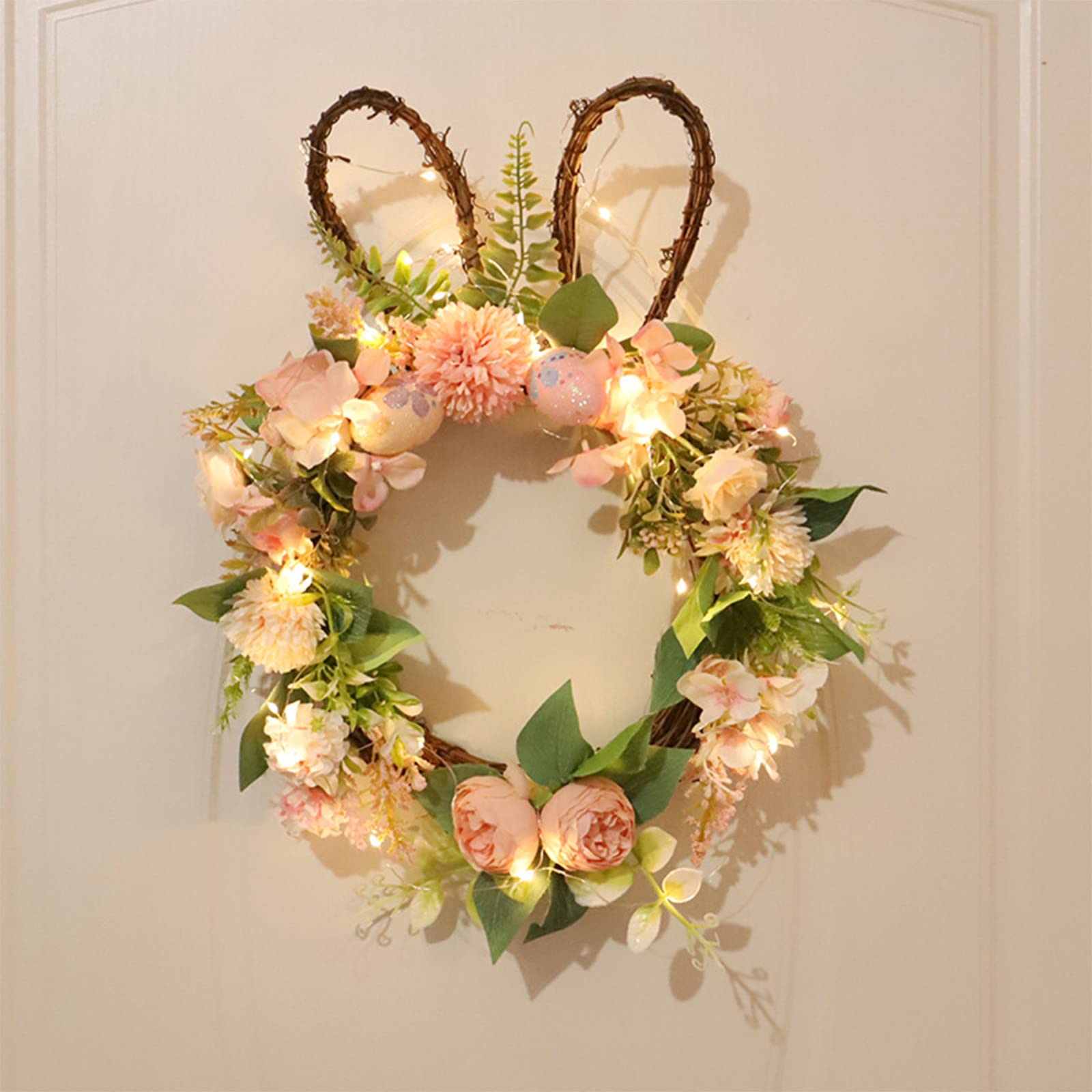 FengLS Easter Garland with LED Lights - 17.7x13.7 Inch Spring Wreath for Door Window Decor, Party & Home Decoration - Perfect for Easter, Spring Celebrations & Front Door Decorating