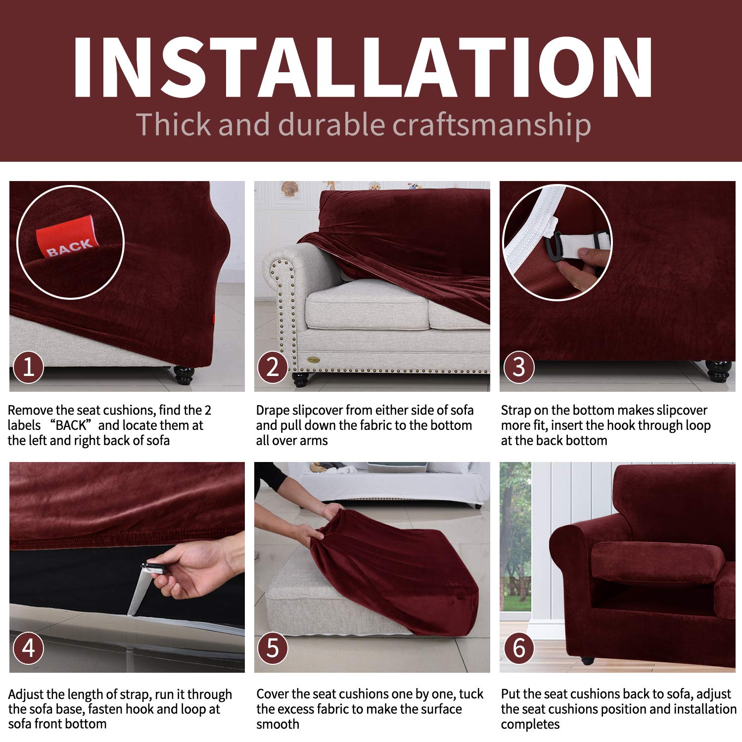 Luxury Velvet Plush 3-Piece Stretch Sofa Slipcover Set - Super Soft Anti-Slip Spandex Couch Cover for 2-Cushion Loveseat - Wine Red Furniture Protector for Living Room, Perfect for Pets & Home Decor