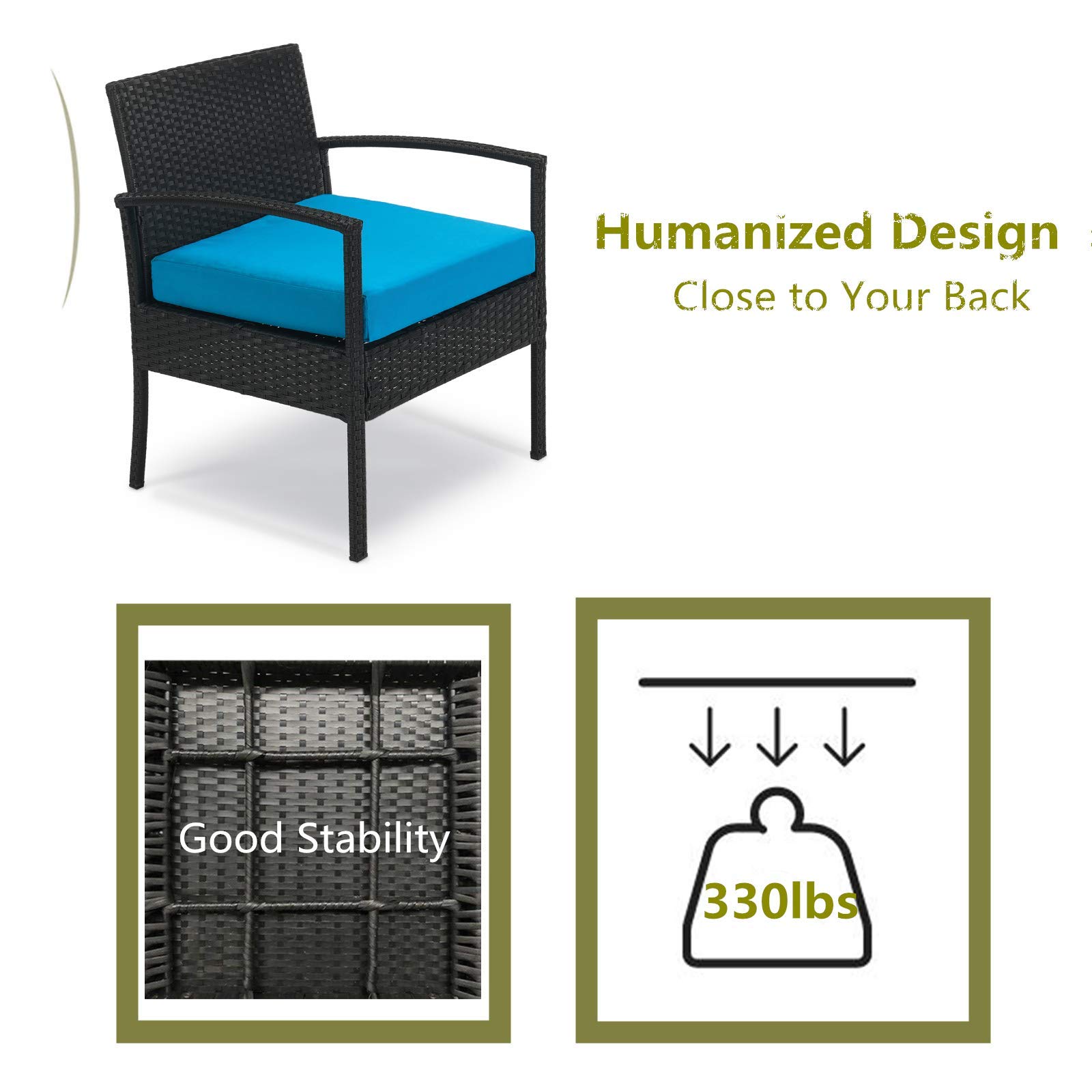 3-Piece Outdoor Patio Furniture Set - Wicker Chairs with Table & Cushions for Balcony, Backyard, Porch - Blue Bistro Set for Relaxing & Entertaining