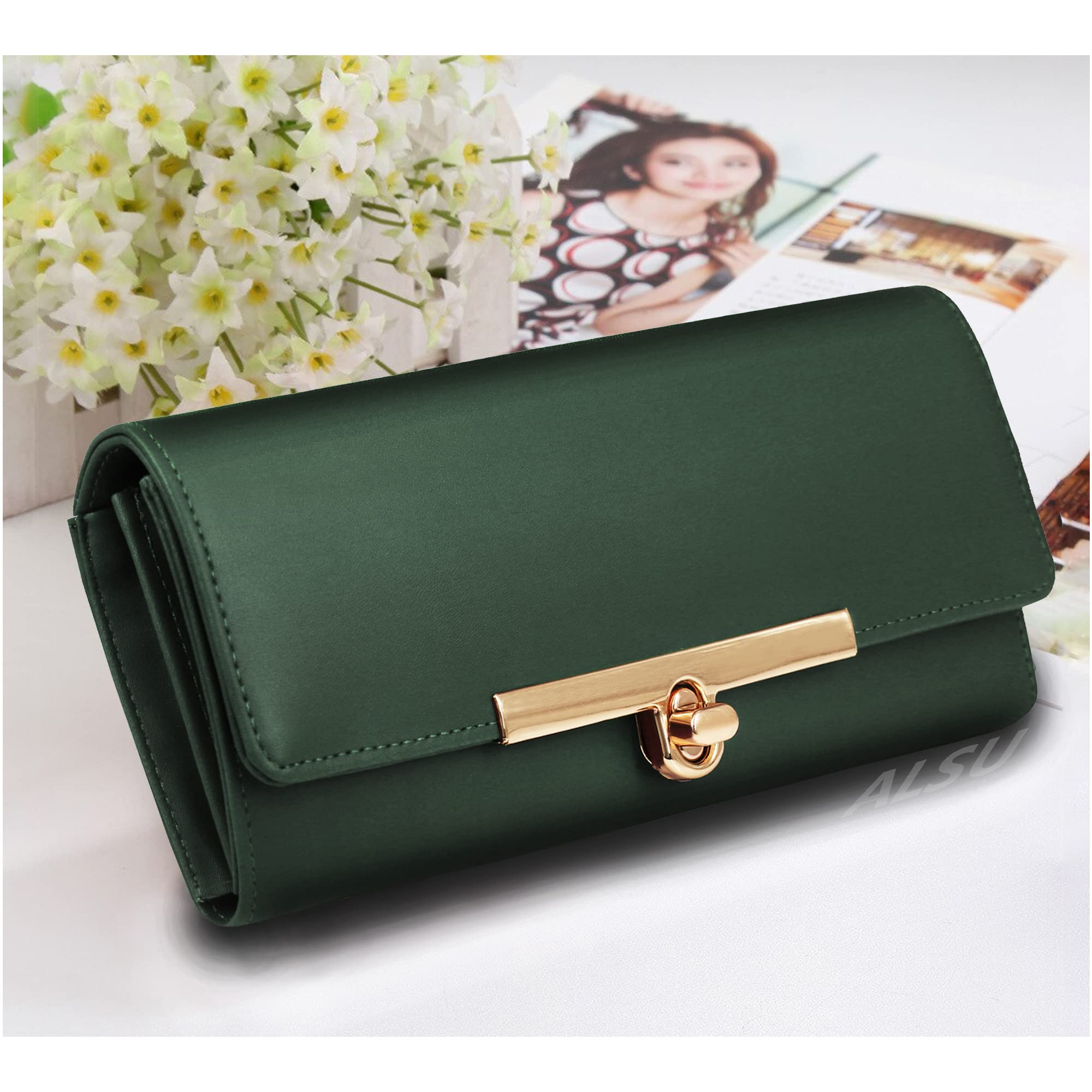 ALSU Women's Hand Wallet Clutch Purse with Phone Pocket & Credit Card Slots - Secure Lock Closure, Green | Perfect for Evening Parties, Weddings, and Daily Essentials Organization