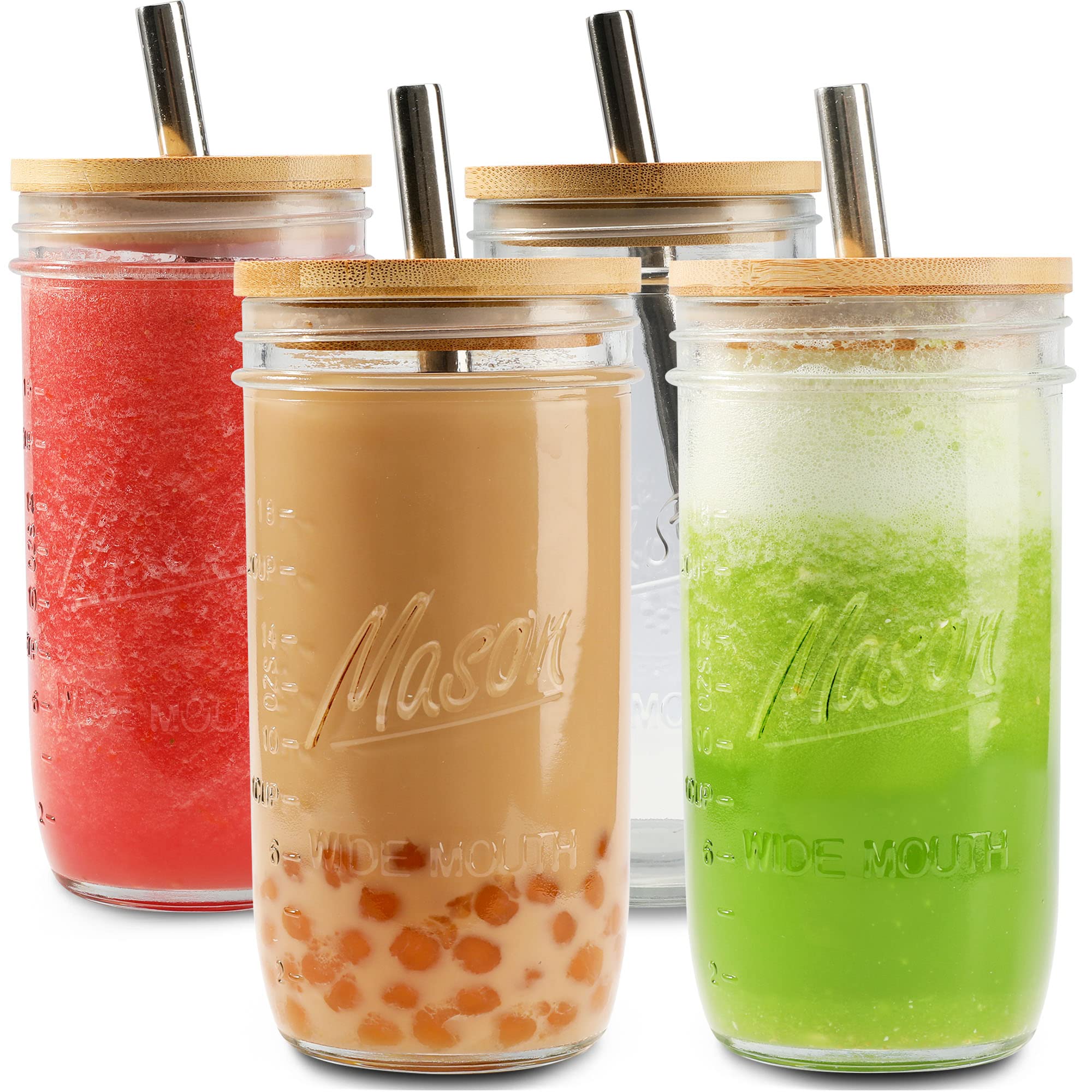4-Pack Mason Glass Jars - 24oz Wide Mouth Reusable Smoothie & Tea Cups with Bamboo Lids & Stainless Steel Straws - Perfect for Bubble Tea, Iced Coffee & Travel Drinks - Eco-Friendly Drinking Glasses for Home, Office & Outdoor Use