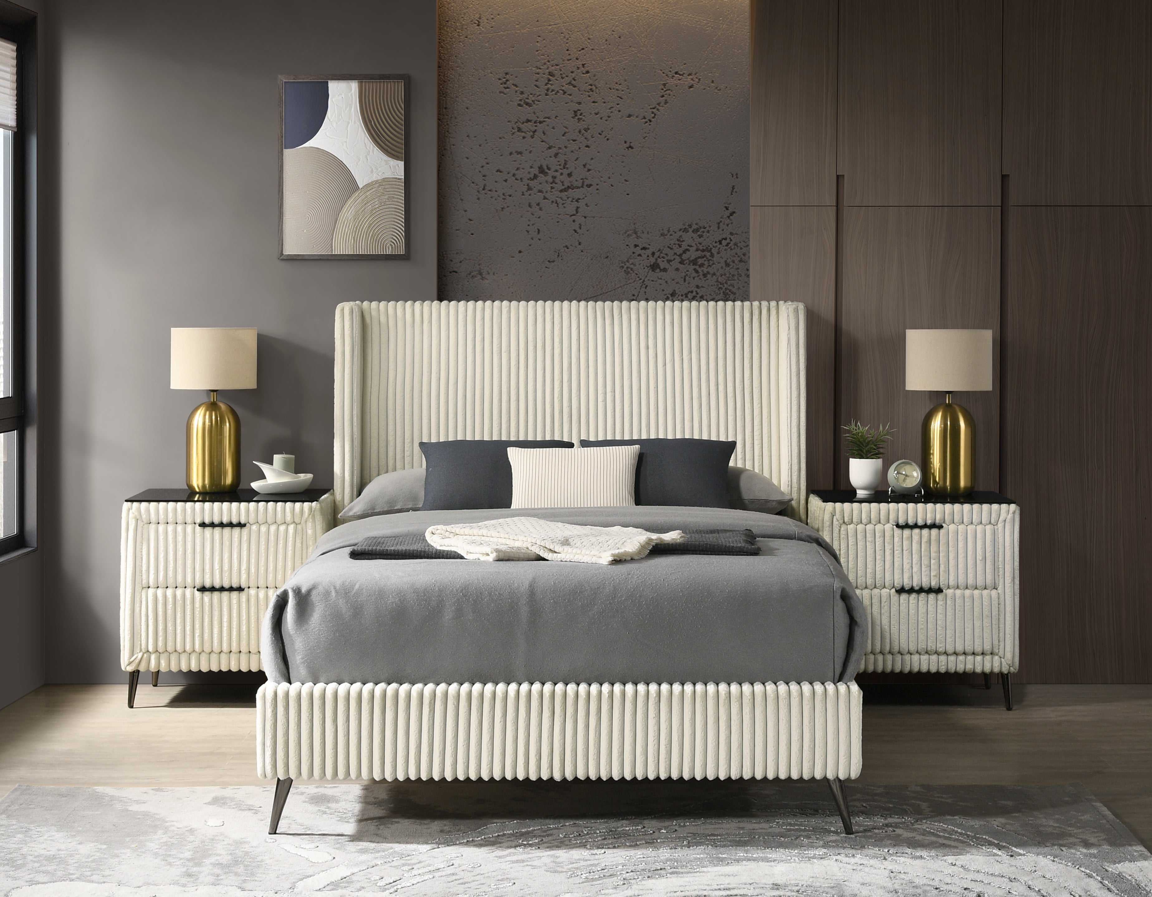 Roundhill Furniture Mavela Wide Wale Corduroy Upholstered Panel Bed with 2 Nightstands - Luxurious Bedroom Set for Modern Home Decor & Cozy Sleeping Experience