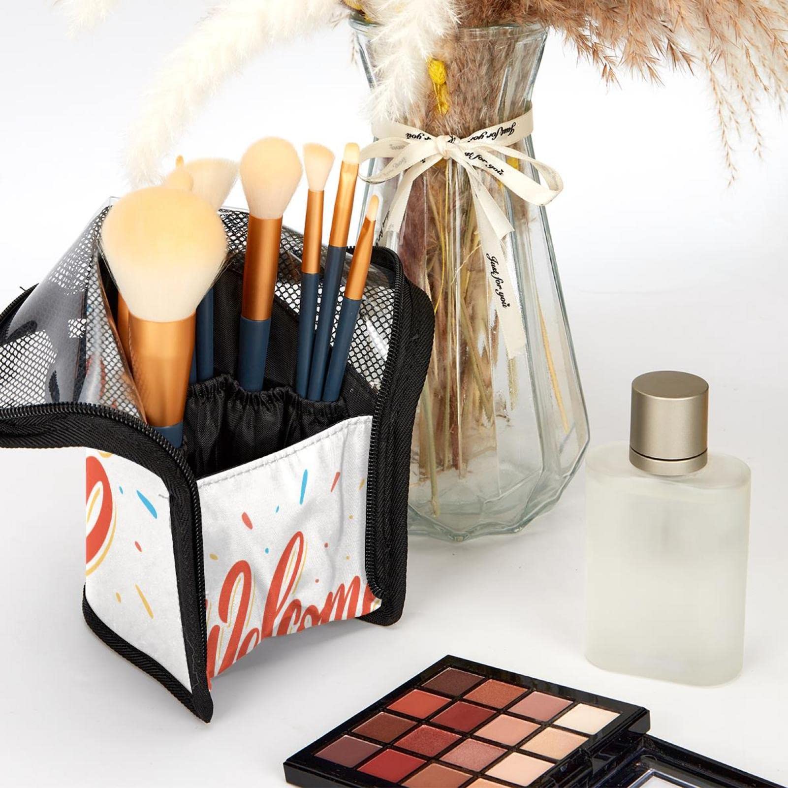 12-Piece Makeup Brush Organizer Bag with Letter Welcome Back Design - Portable Makeup Brush Holder Case for Travel & Home Storage