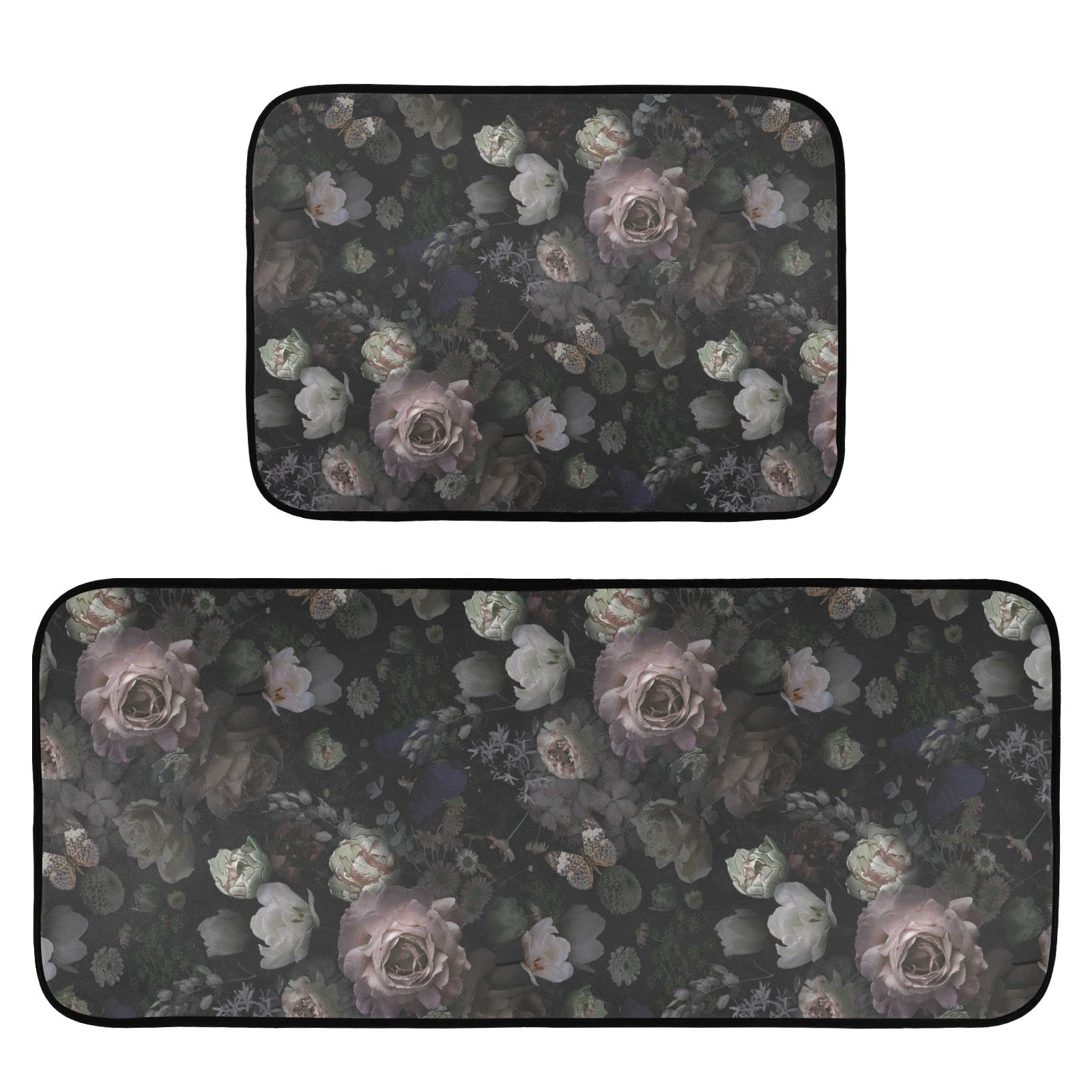 Premium Non-Slip Kitchen Rugs Set of 2 - Cushioned Anti-Fatigue Floor Mats with Rose Butterfly Design (19.7