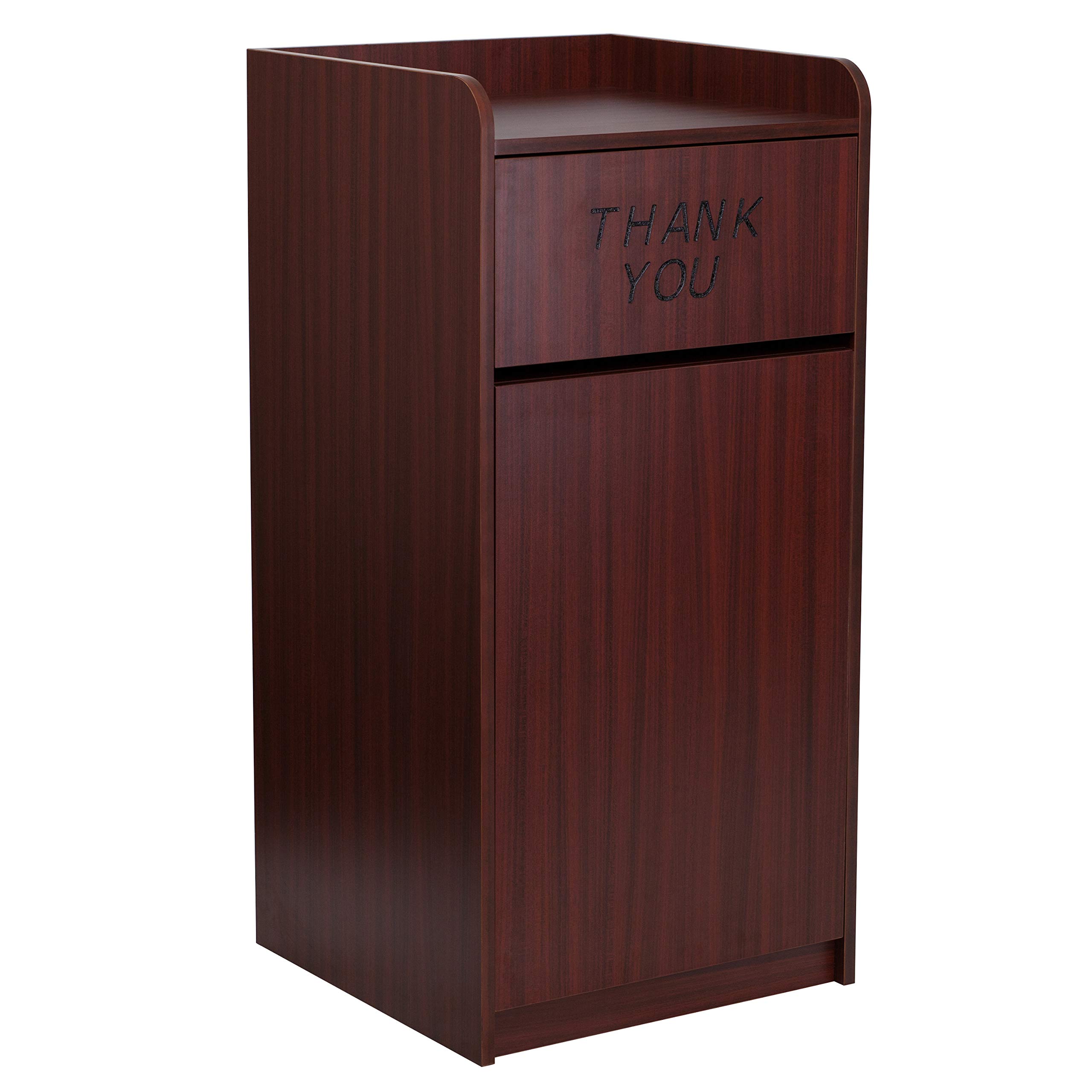 Flash Furniture Sony Laminate Wood Commercial-Grade Trash Can with Tray Top - Mahogany Restaurant Garbage Bin for Kitchen, Office & Public Spaces